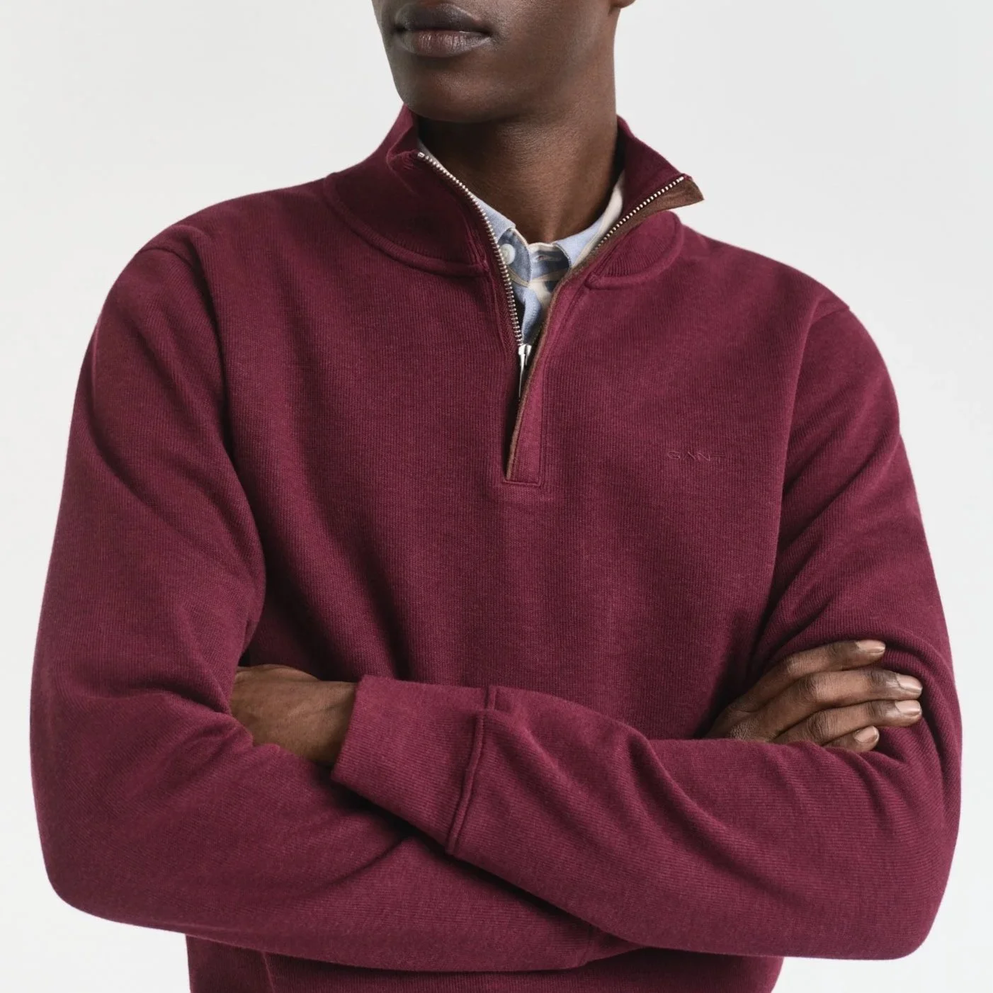 Close Model View of GANT Sacker Rib Half Zip Jumper in Burgundy