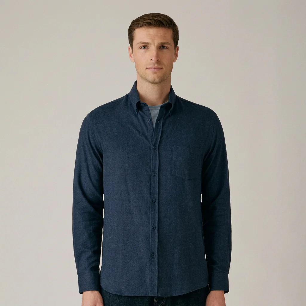 Front View of Model in Sunspel Luxury Brushed Cotton Flannel Shirt in Navy Melange