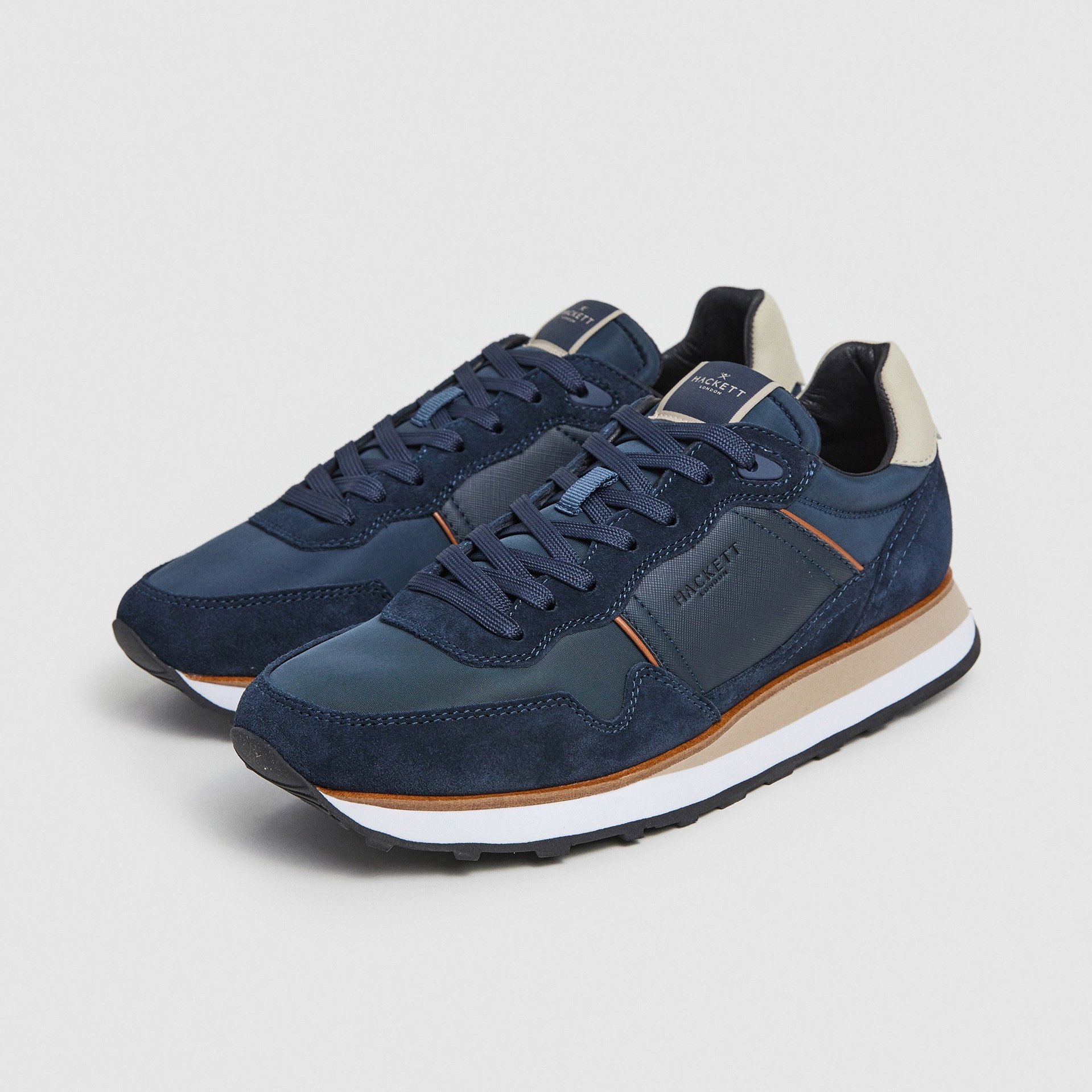 Side View of Pair of Hackett Runner Style Trainer in Navy and Sand
