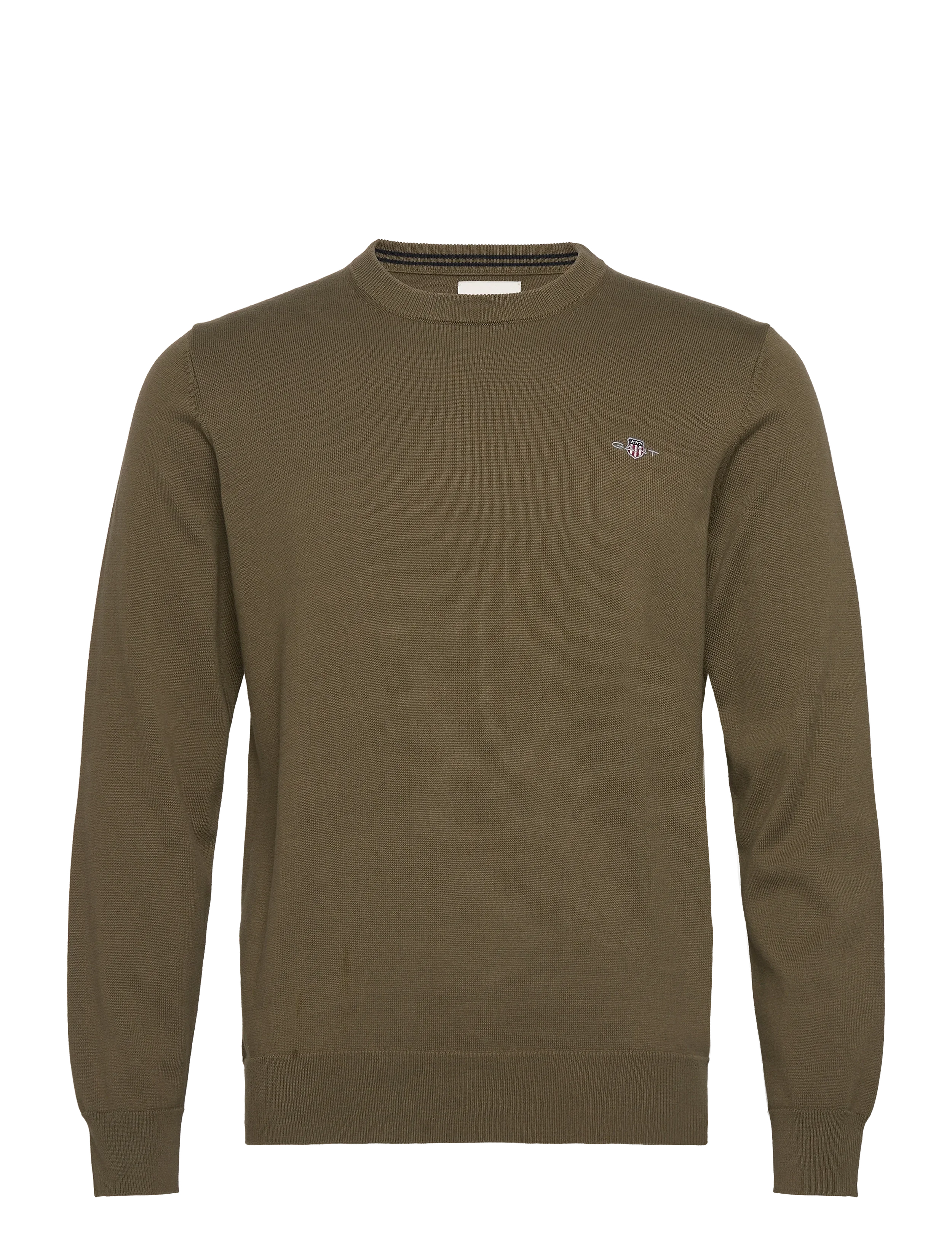Flat View of GANT Fine Cotton Crew Jumper in Olive Green