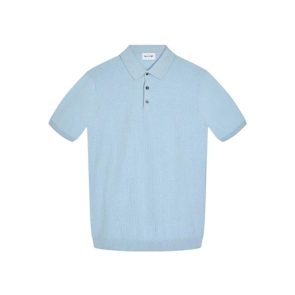 Flat View of SAND Copenhagen Texture Polo in Light Blue
