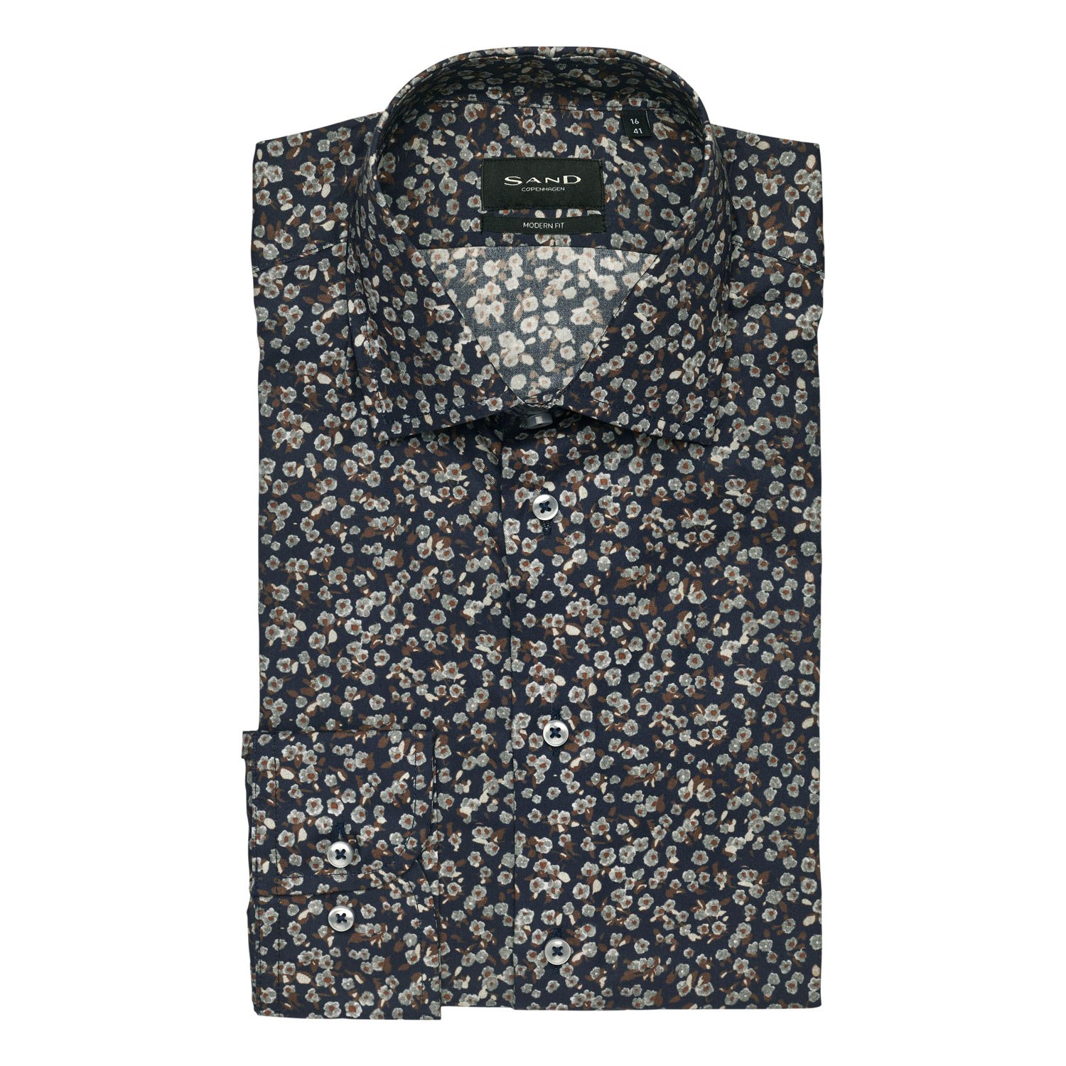 Flat View of SAND Copenhagen Floral Print Shirt in Navy and Brown