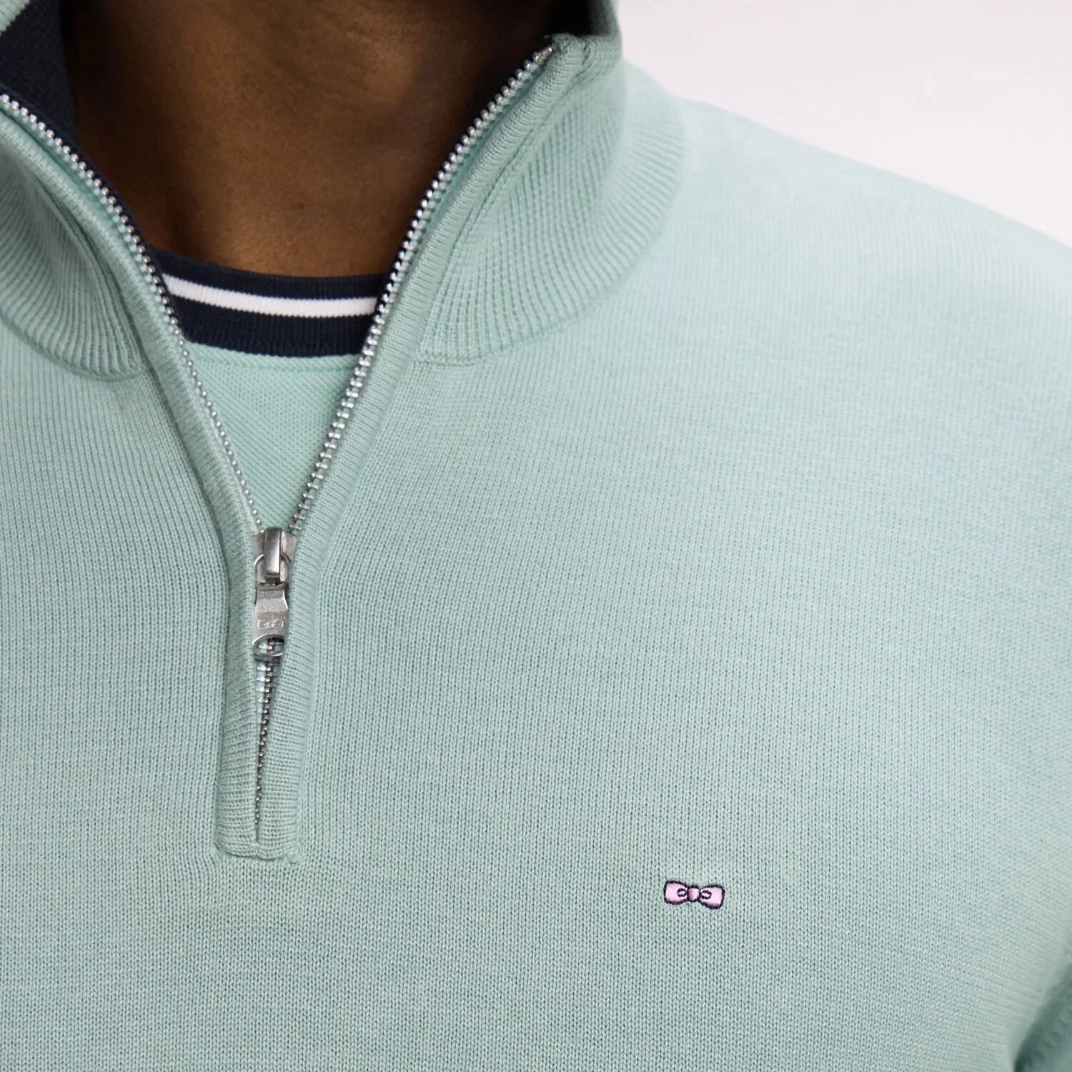 Close View of Eden Park Half Zip Jumper in Soft Green