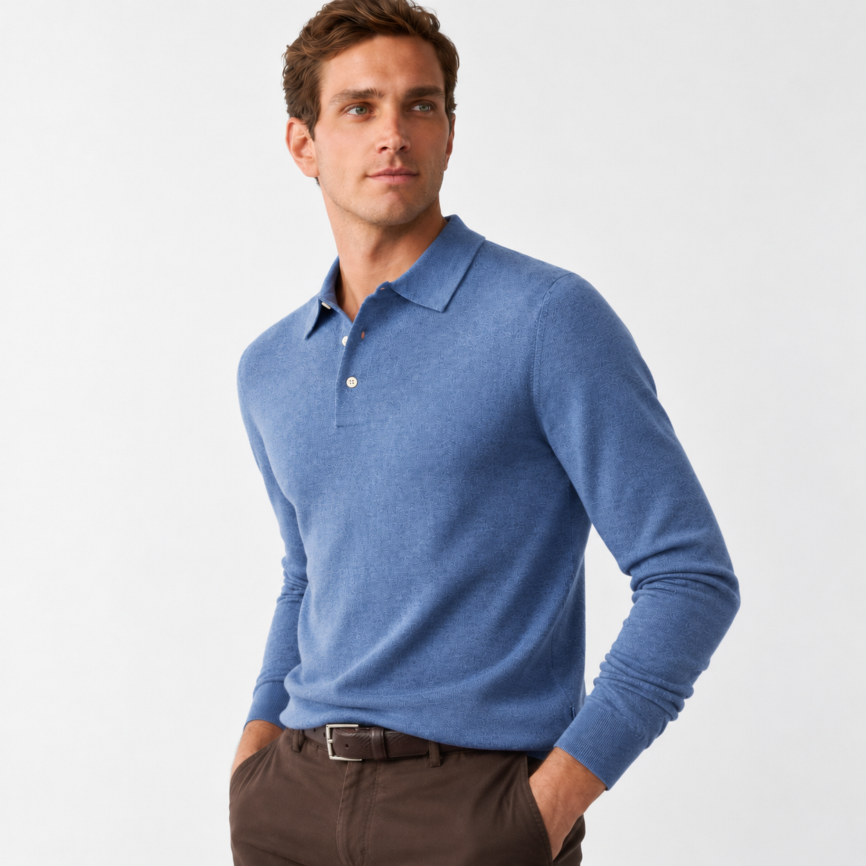 Front View of Model in Hackett Luxury Merino and Silk Long Sleeve Polo in Light Blue