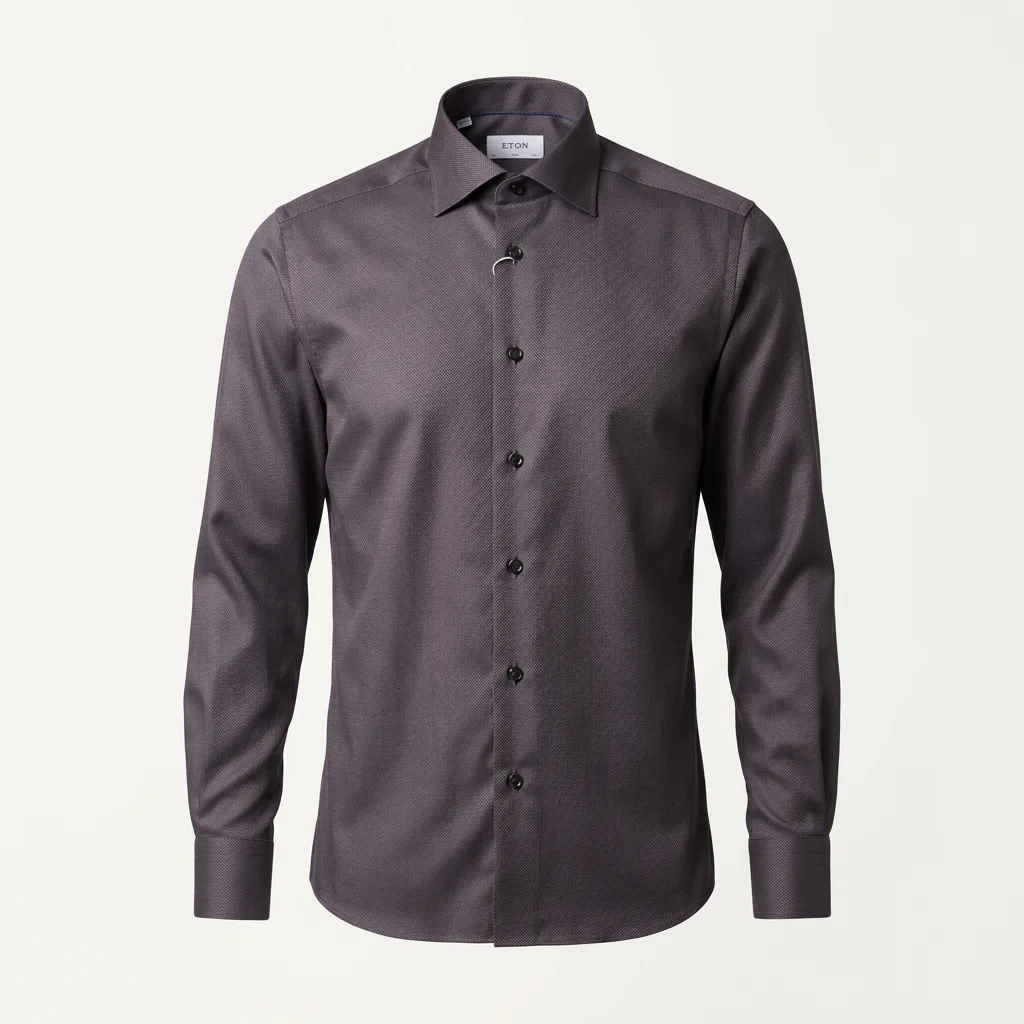 Flat View of Eton Luxury Slim Fit Herringbone Signature Twill Shirt in Dark Brown
