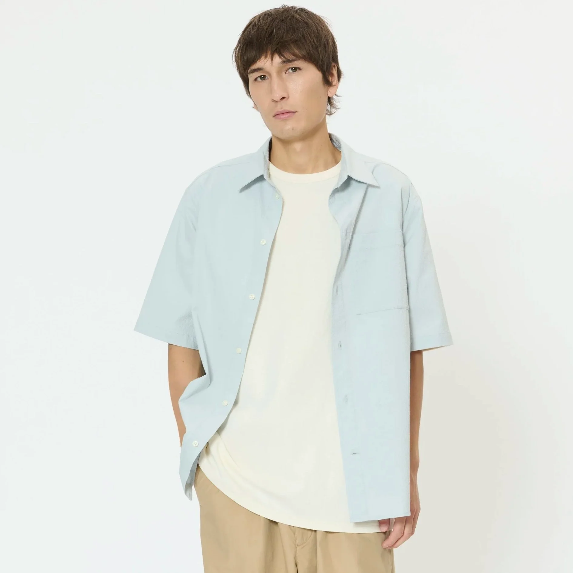 Model View of Matinique Cotton Short Sleeve Shirt in Light Blue