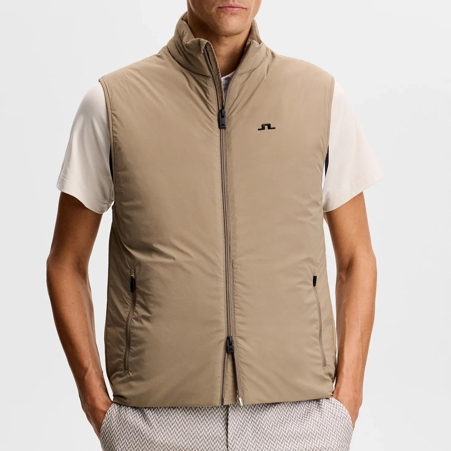 Model View of J Lindeberg Gilet in Sand
