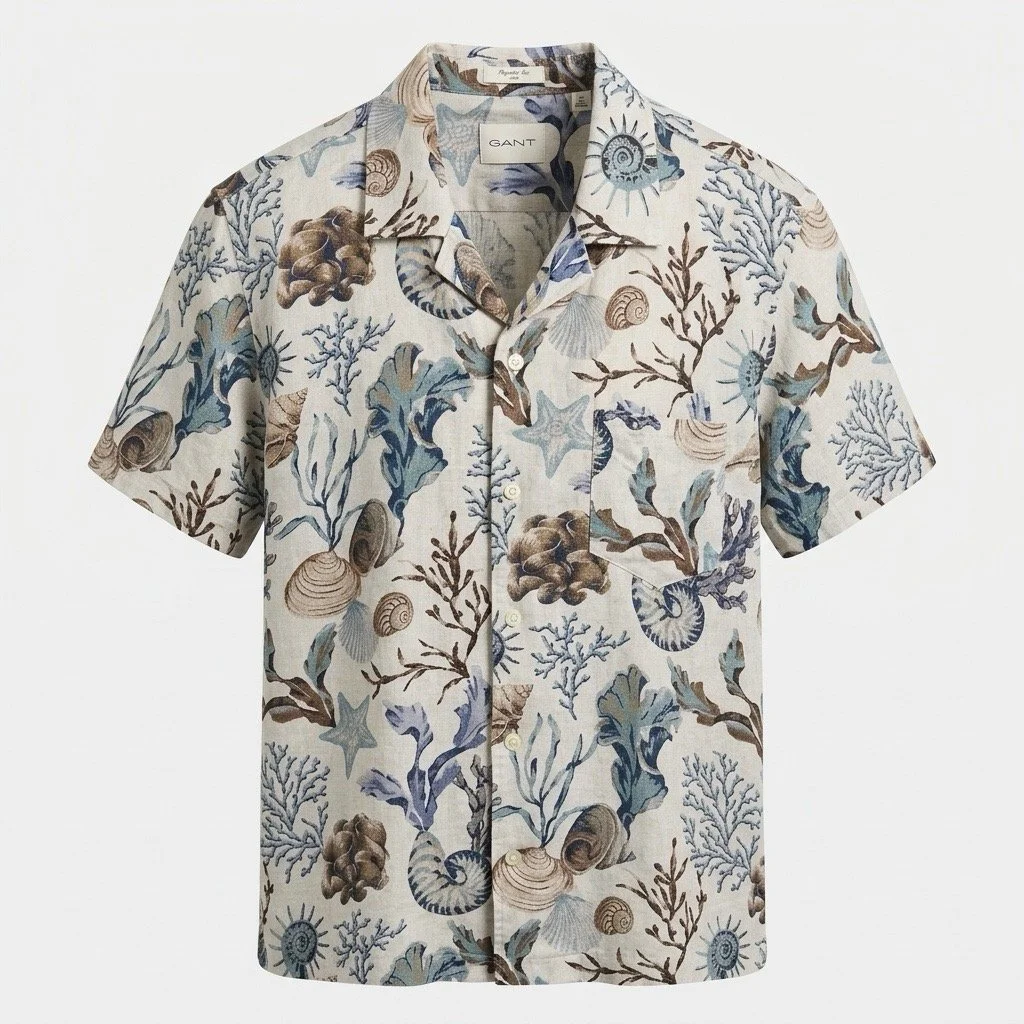 Flat View of GANT Micro Print Linen Shirt in Sand and Blue