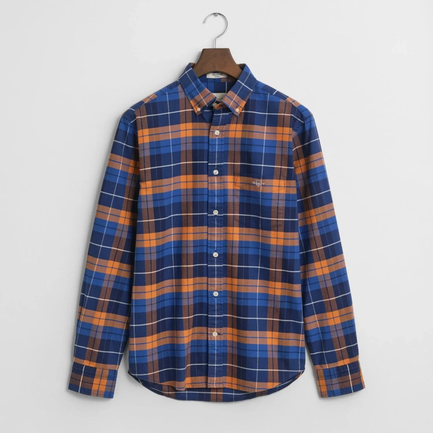 Flat View of GANT Cotton Oxford Check Shirt in Navy and Orange