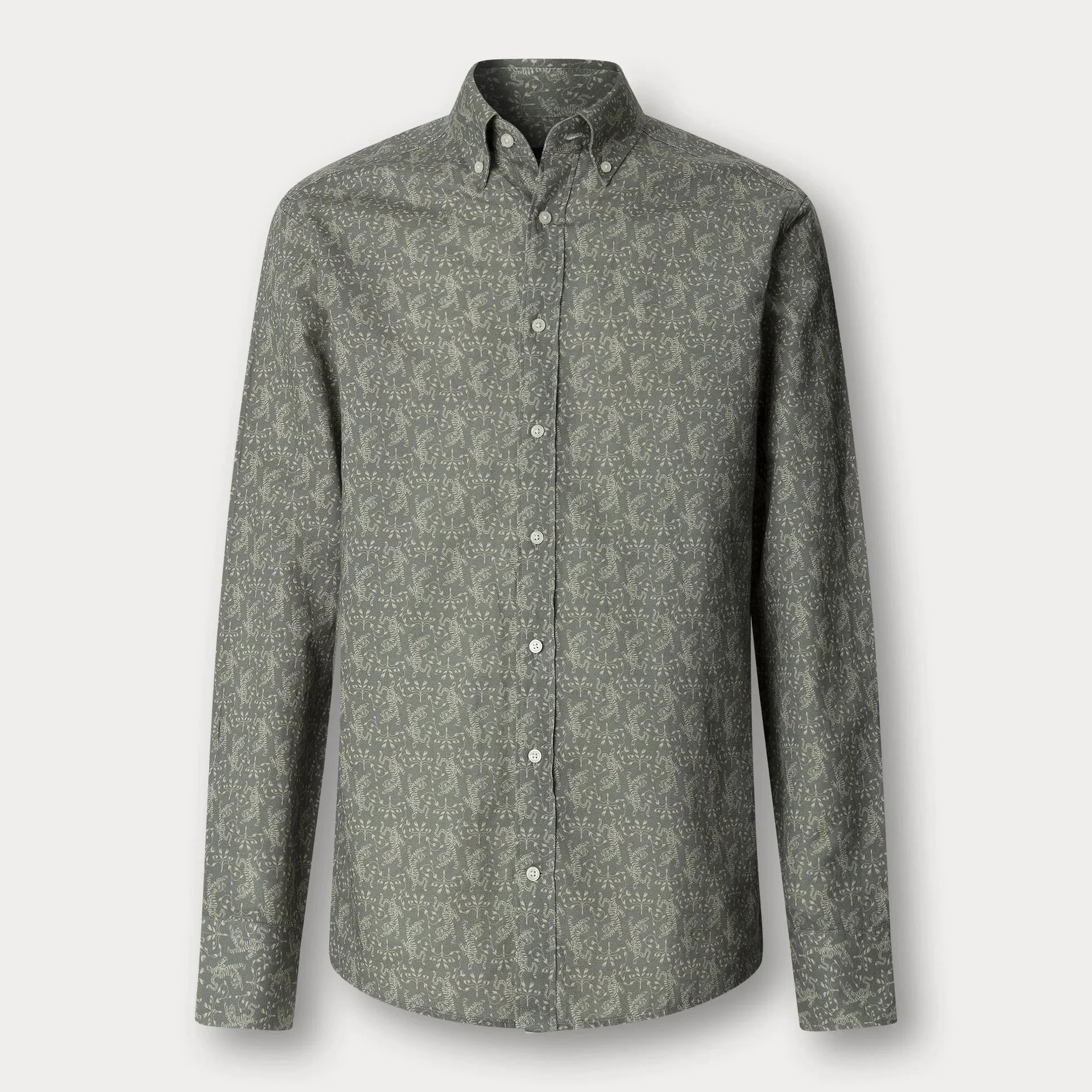 Flat View of Hackett Slim Fit Tiger Pattern Shirt in Green