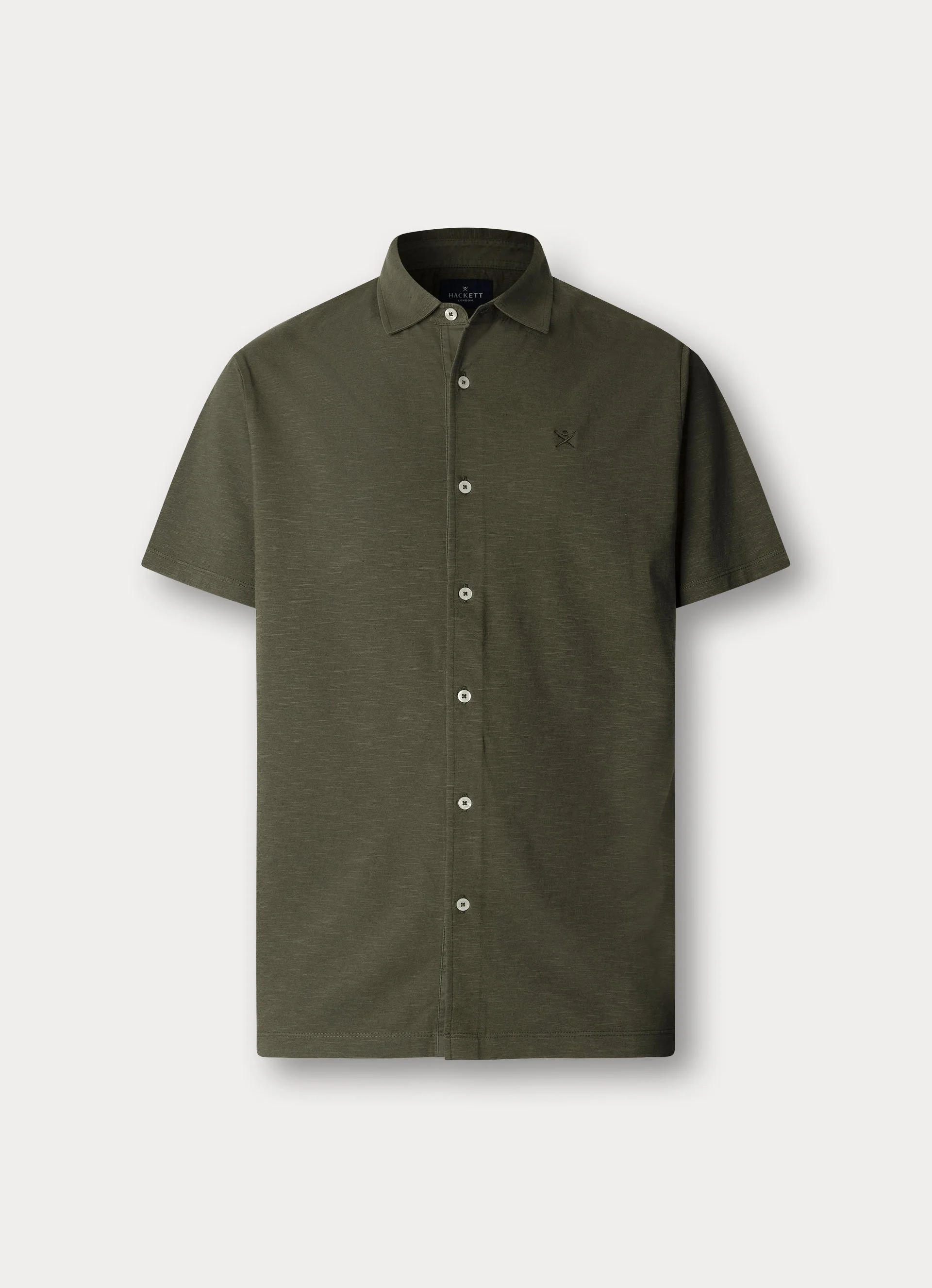 Flat View of Hackett Slim Fit Cotton and Linen Short Sleeve Shirt in Green