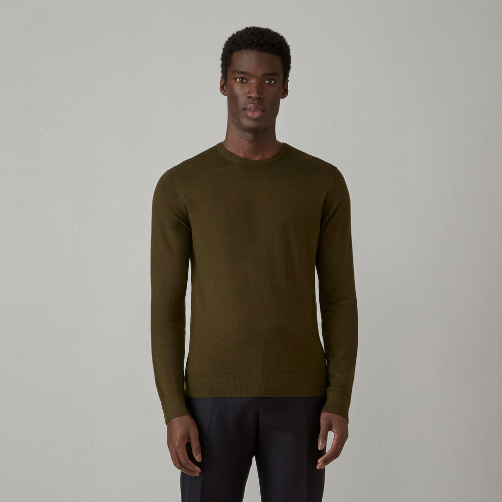 Front View of Model in Sunspel Merino Wool Crew Neck Jumper in Loden Olive Green