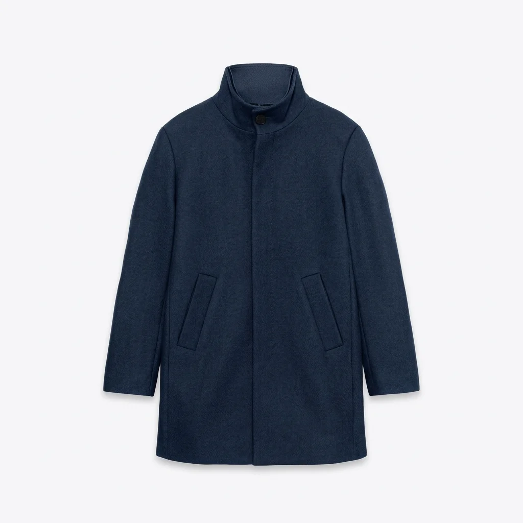 Flat View of Matinique Slim Fit Funnel Neck Coat in Blue Nights Denim