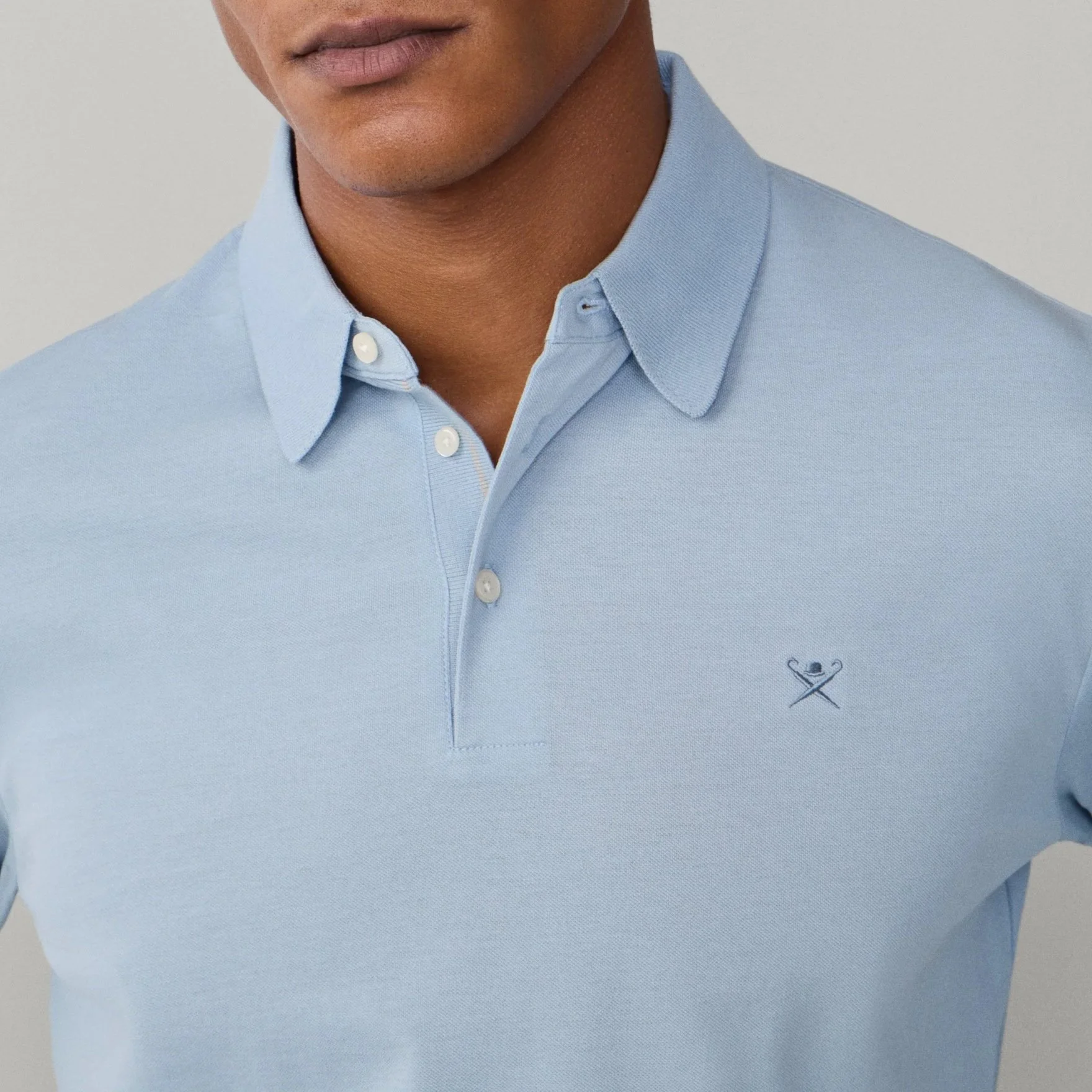 Close Model View of Hackett Long Sleeve Cotton Polo in Light Blue