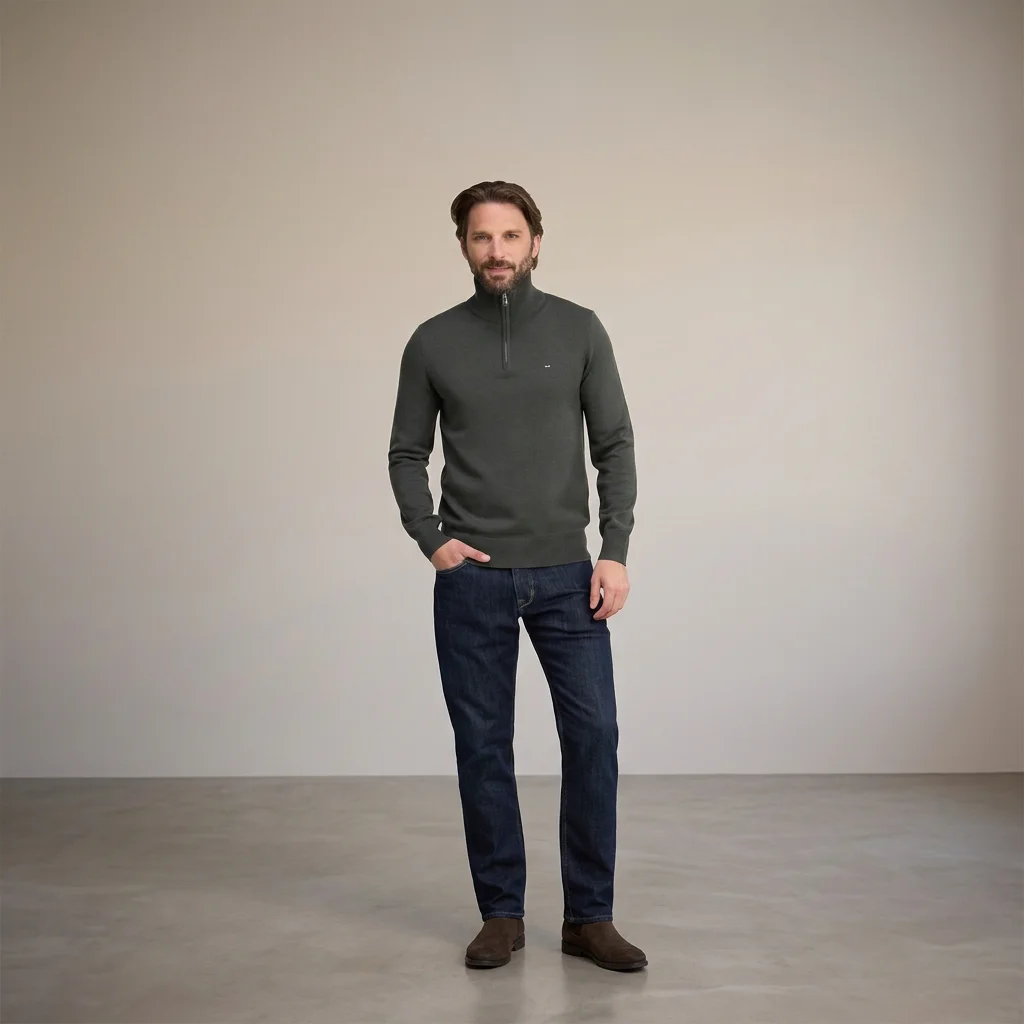 Full View of Model in Eden Park Half Zip Jumper in Olive Green