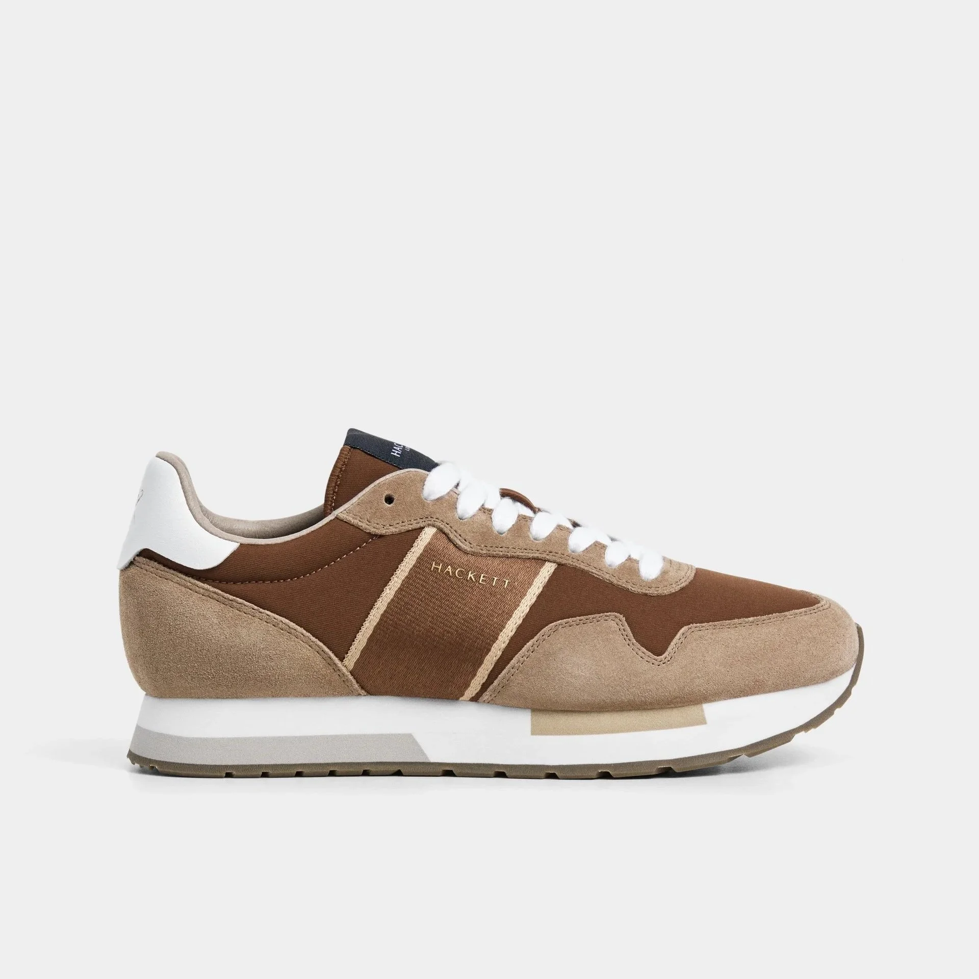 Side View of Hackett Keston Leather and Suede Trainer in Nut Brown