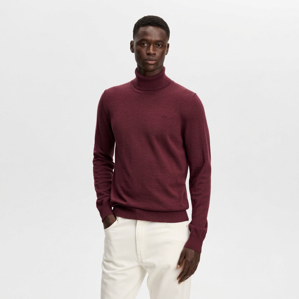Front View of Model in J Lindeberg Kaden Merino Wool Roll Neck Jumper in Burgundy