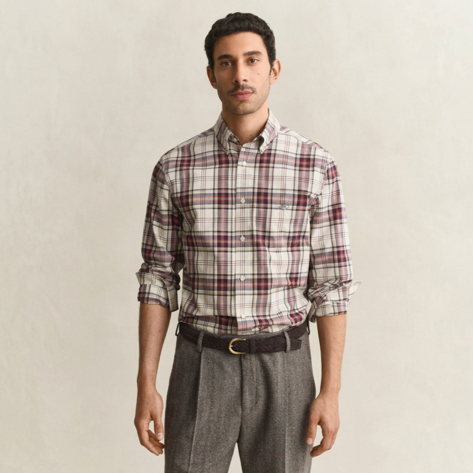 Front View of Model in GANT Regular Fit Poplin Check Shirt in Deep Grape Wine and Cream