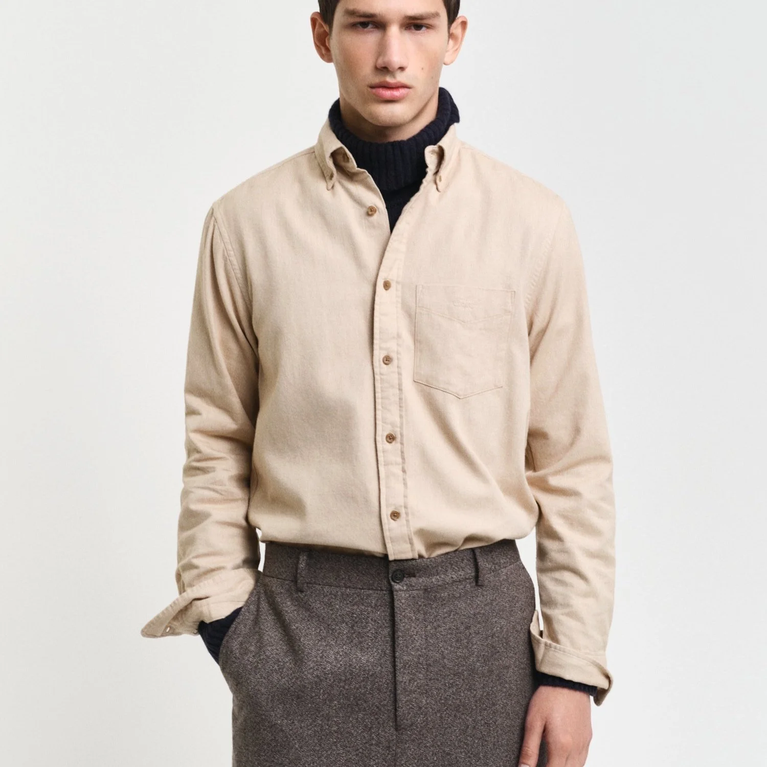 Full View of model of GANT Herringbone Flannel Shirt in Sand