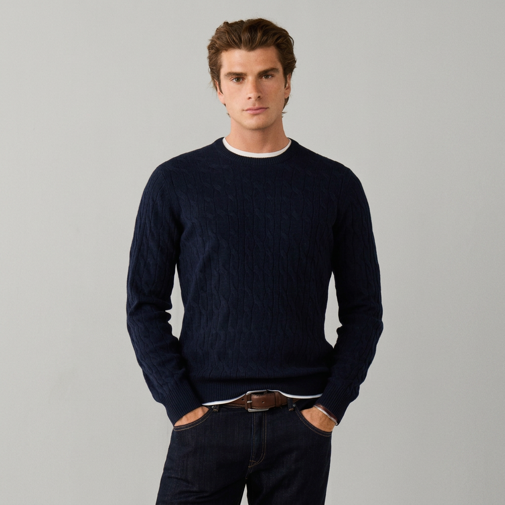 Hackett Lambswool Cable Crew-Neck Jumper - Navy