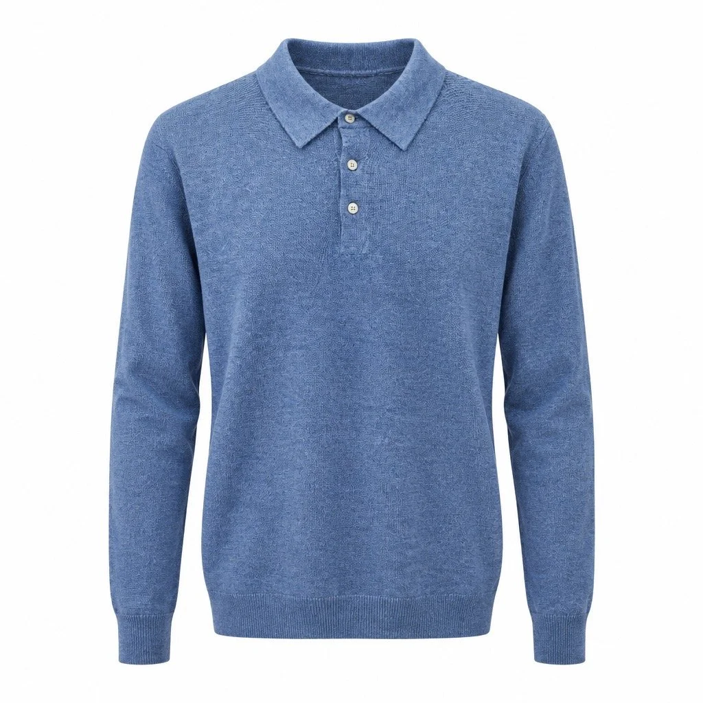 Flat View of Hackett Luxury Merino and Silk Long Sleeve Polo in Light Blue