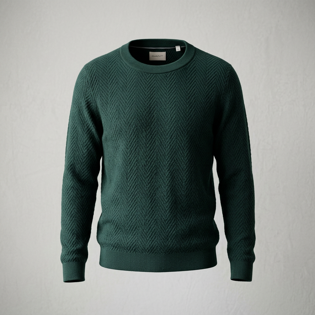 Flat view of GANT Herringbone Textured Crew Neck in Tartan Green