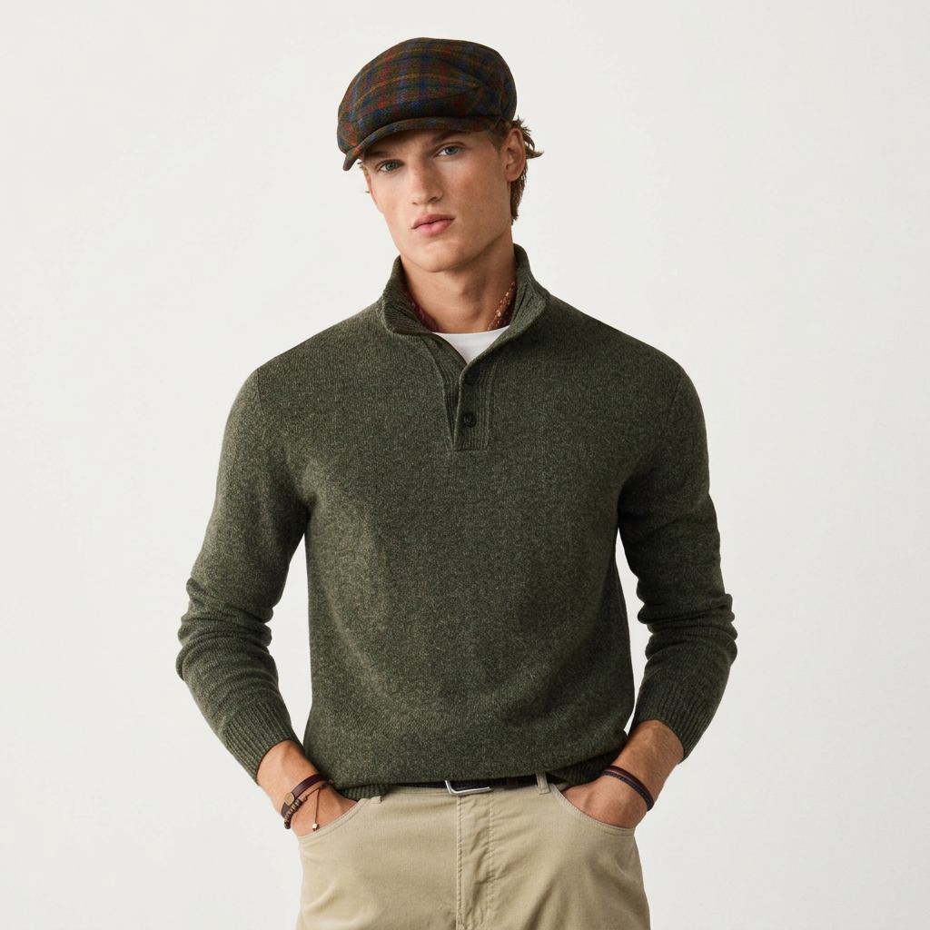 Front View of Model in Hackett Merino Wool Half Button Jumper in Olive Green