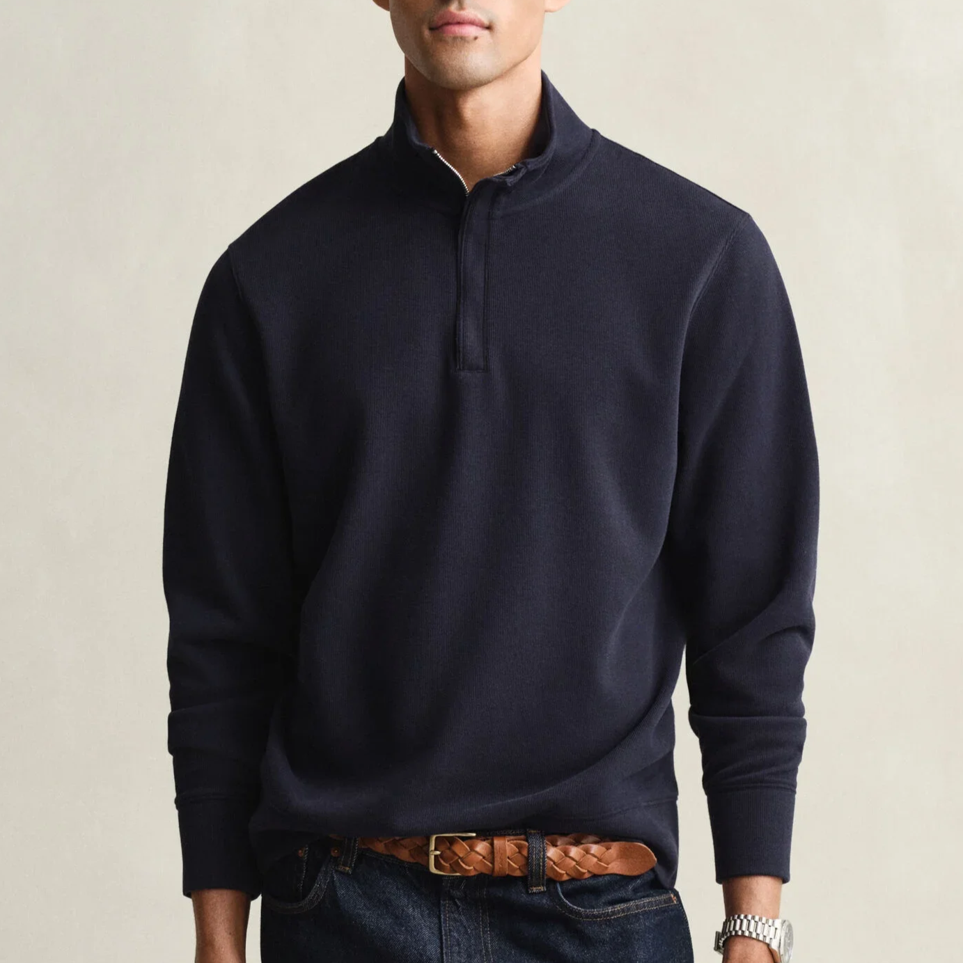 Model View of GANT Cotton Half Zip Sweatshirt Jumper in Navy