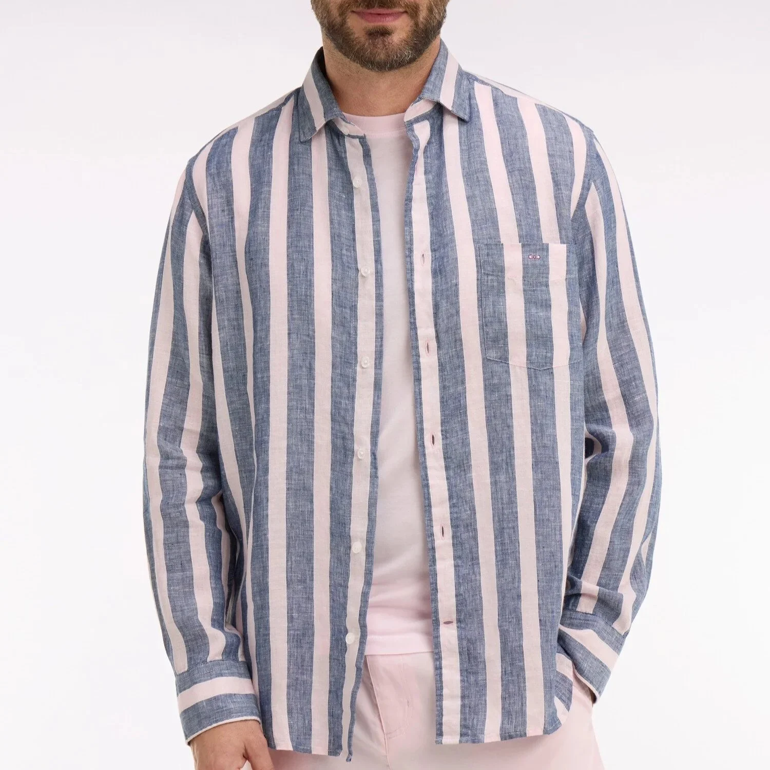 Model View of Eden Park Stripe Linen Shirt in Blue and Pink