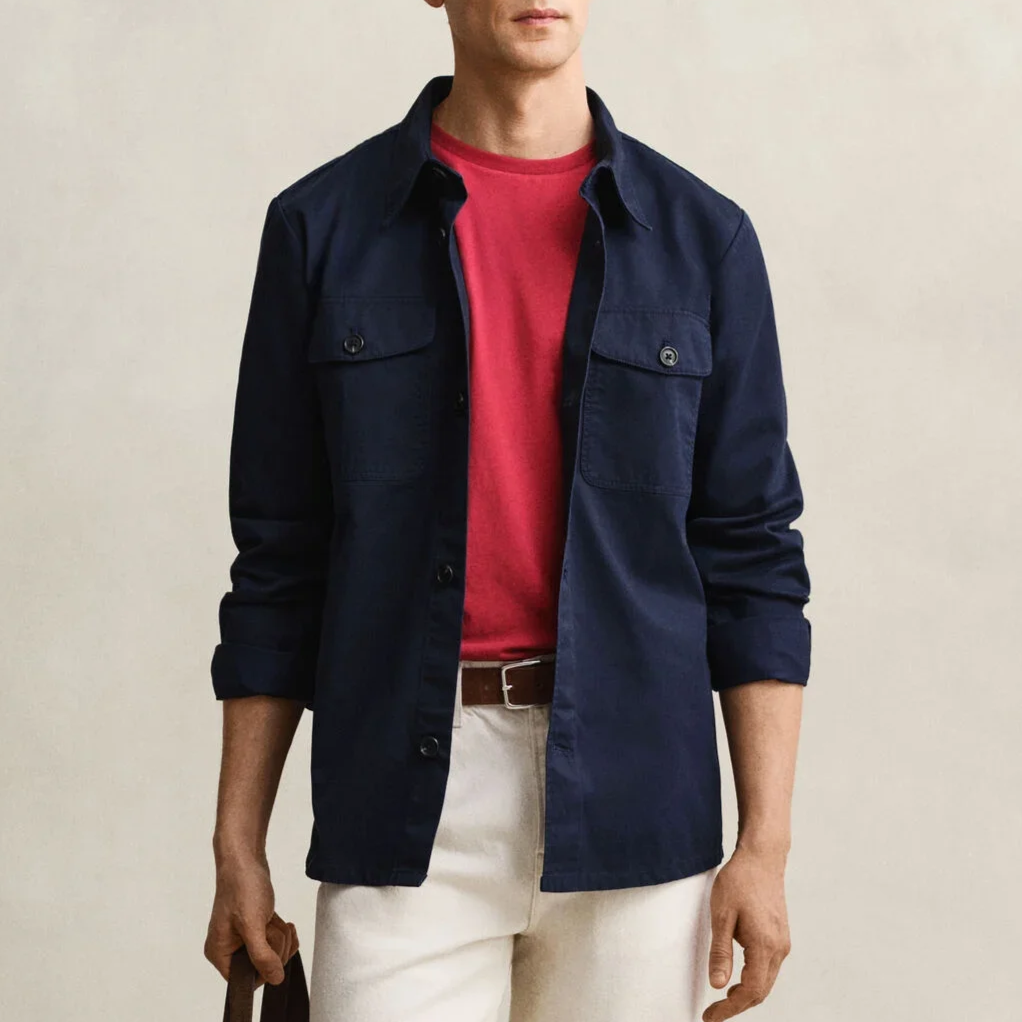 Model View of GANT Cotton Twill Overshirt in Navy