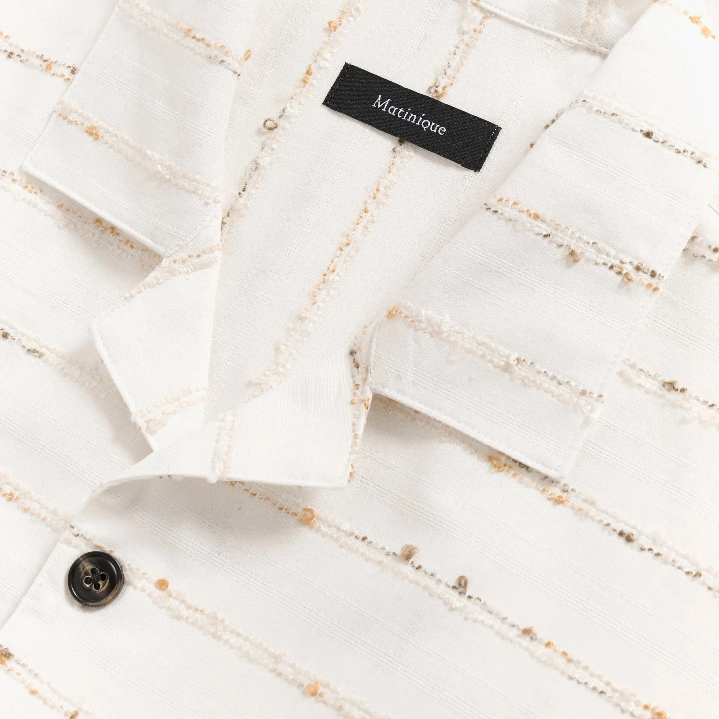 Close View of Matinique Stripe Cotton and Viscose Short Sleeve Shirt in White and Sand