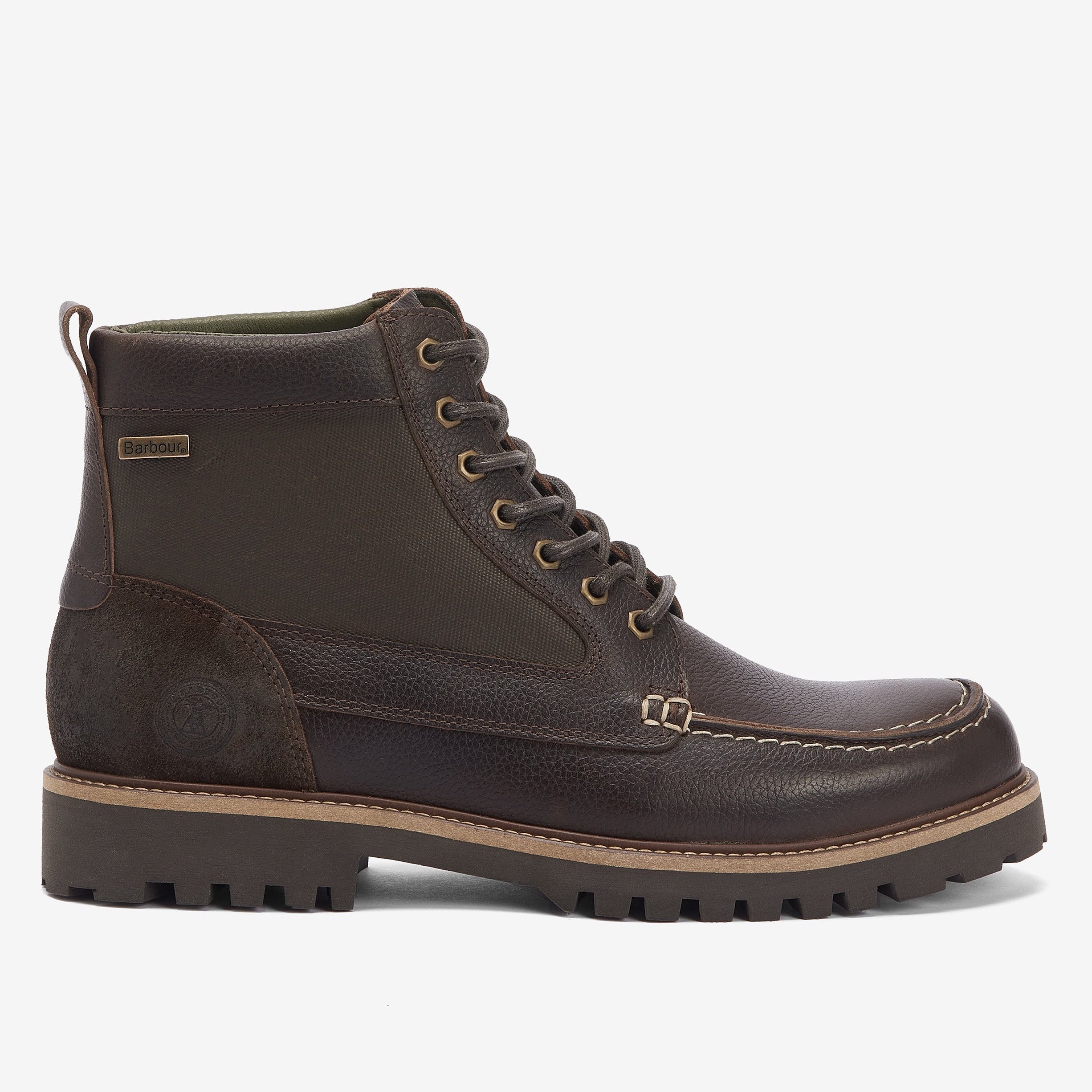 Side View of Barbour Sheene Moc Toe Boot in Brown