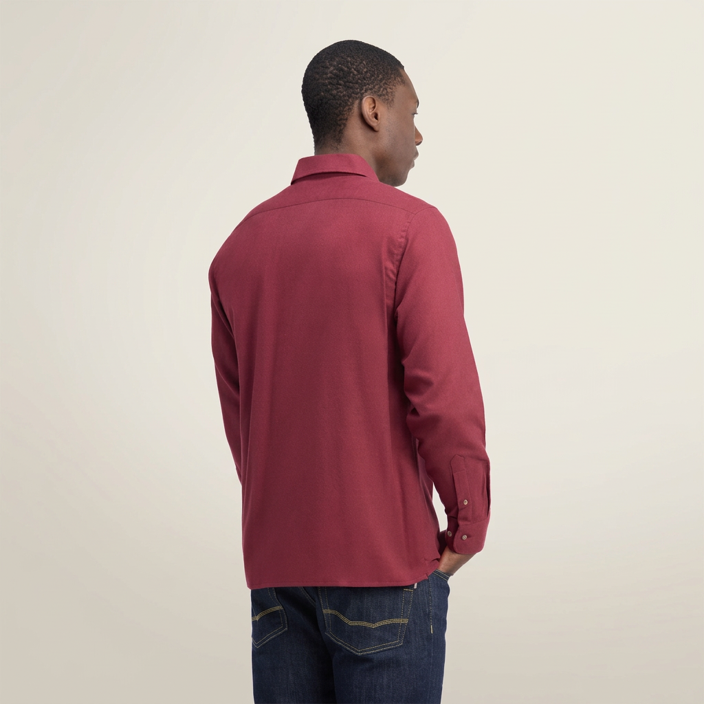 Back View of Model in Eden Park Cotton Shirt in Dark Red