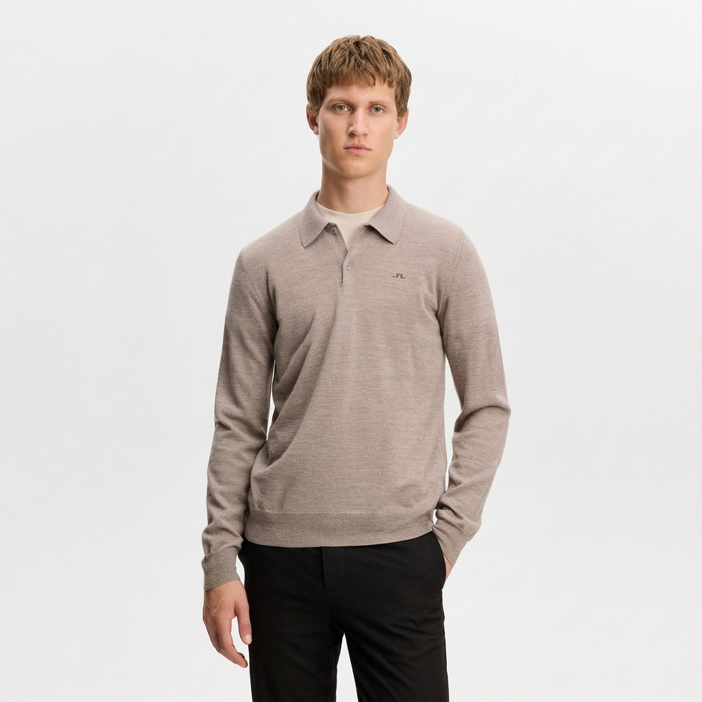 Front View of Model in J Lindeberg Kai Merino Wool Knitted Polo in Sand