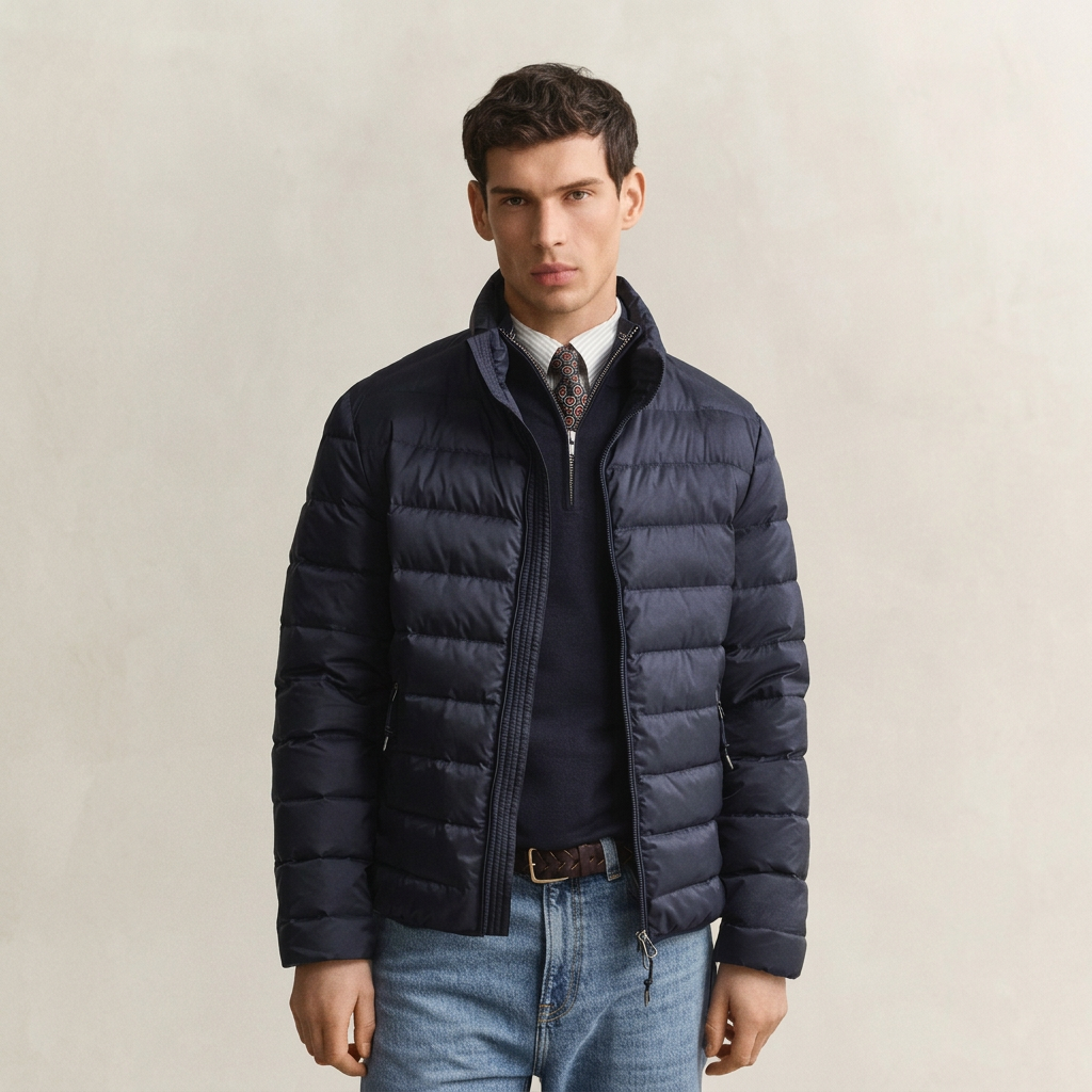 Front View of Model in GANT Light Down Jacket in Evening Blue