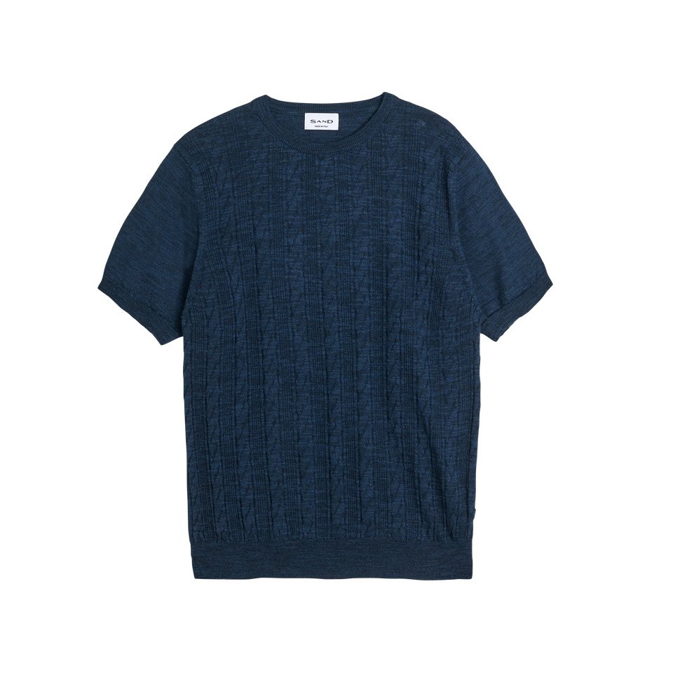 Flat View of SAND Copenhagen Luxury Cable Knitted T Shirt in Navy
