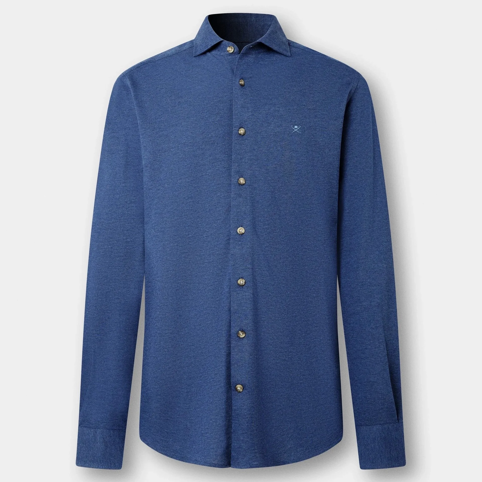 Flat View of Hackett Jersey Piqué Shirt in Mid Blue