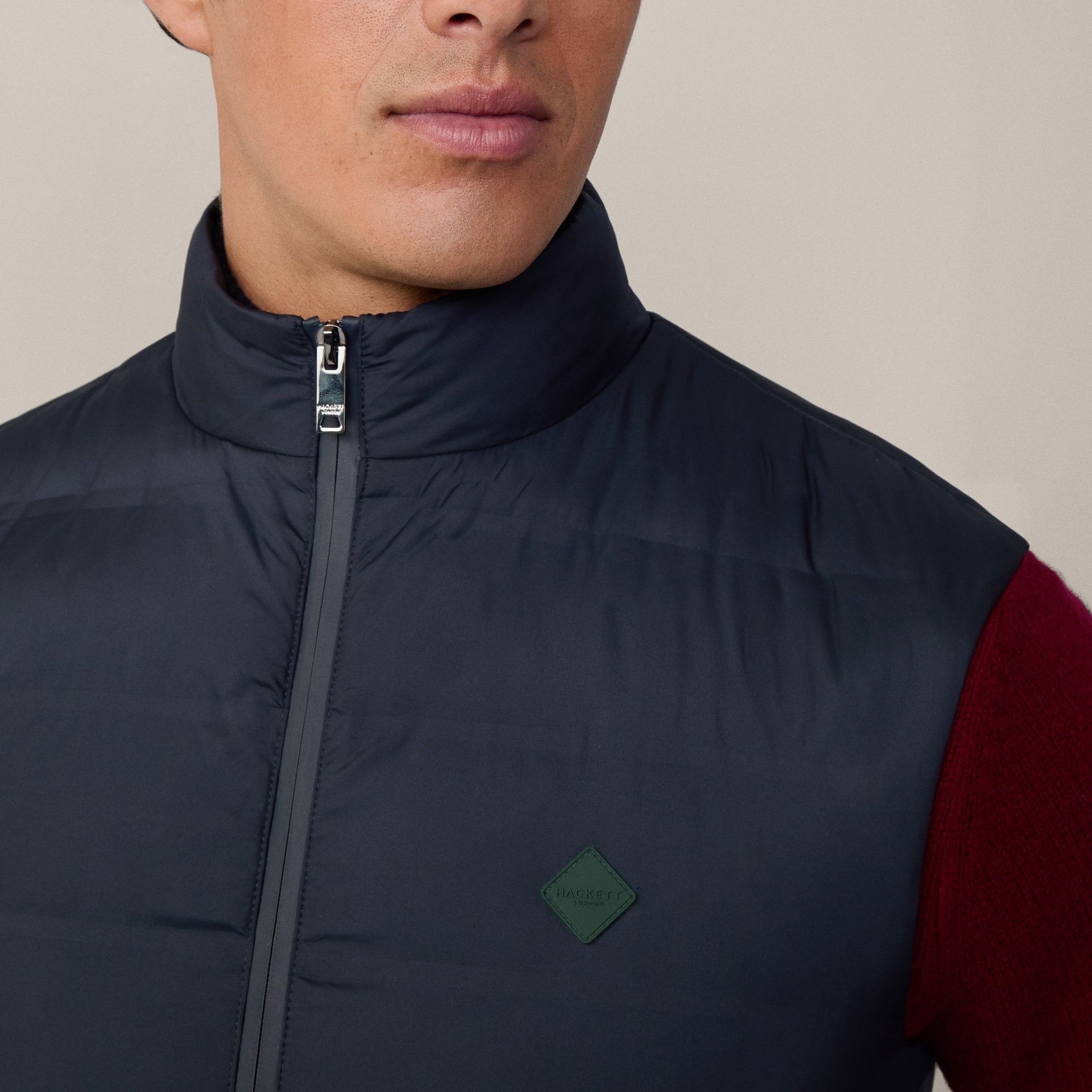 Close View of Model in Hackett Lightweight Gilet in Navy