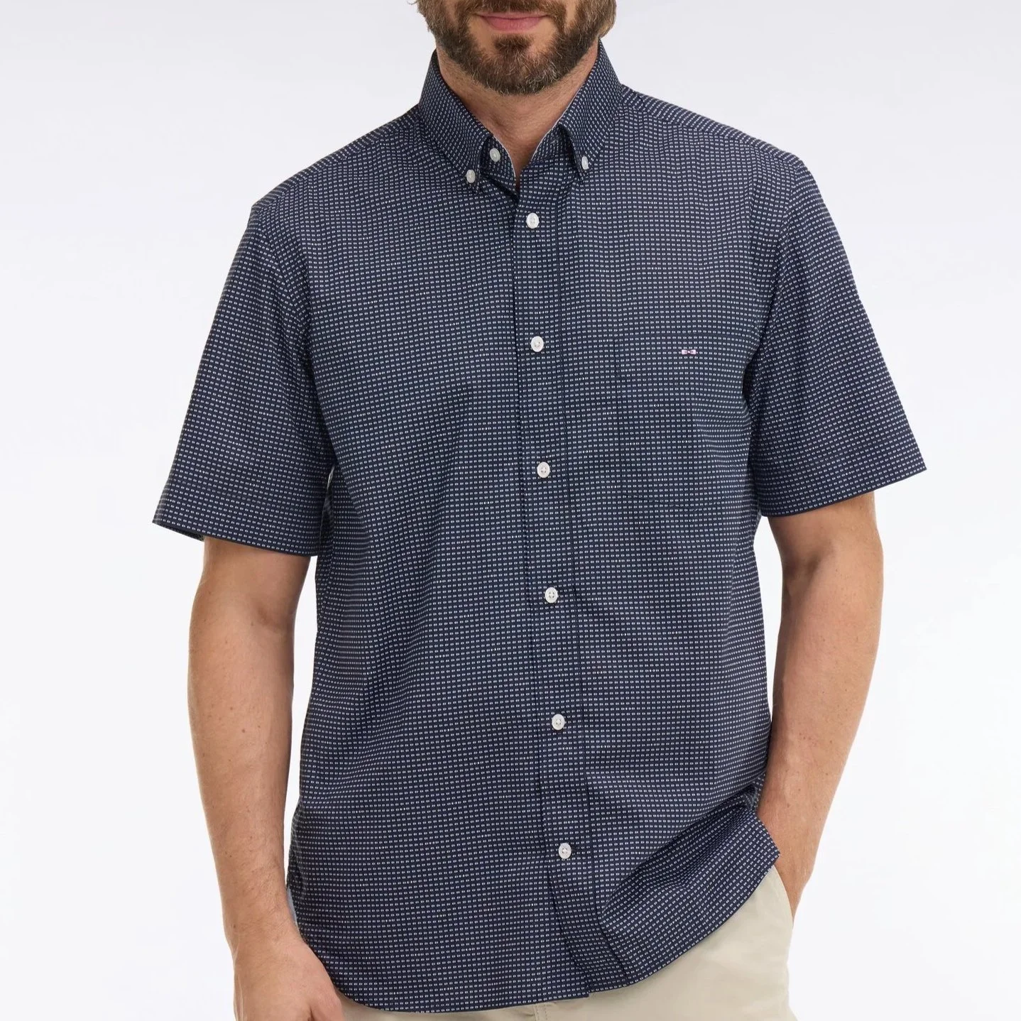 Model View of Eden Park Micro Pattern Short Sleeve Shirt in Navy and Pink