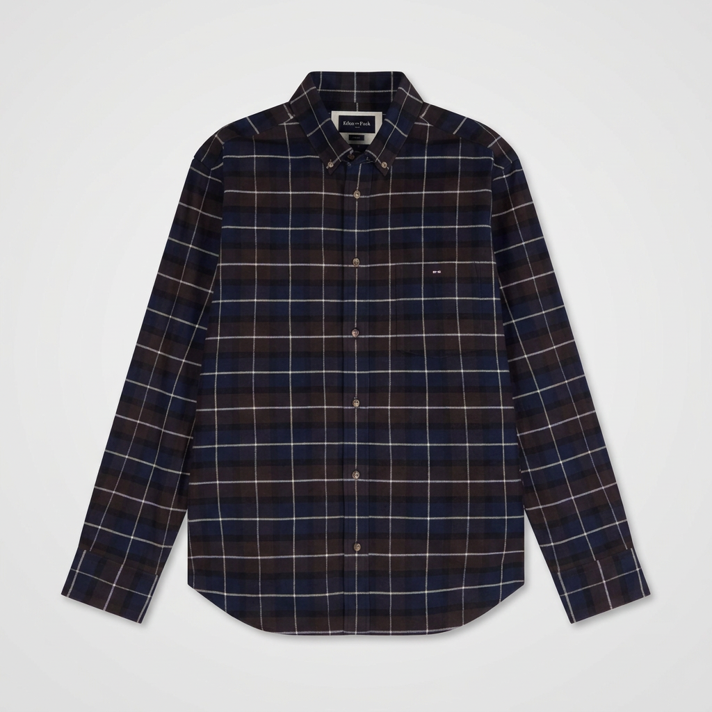 Flat View of Eden Park Flannel Check Shirt in Navy and Brown
