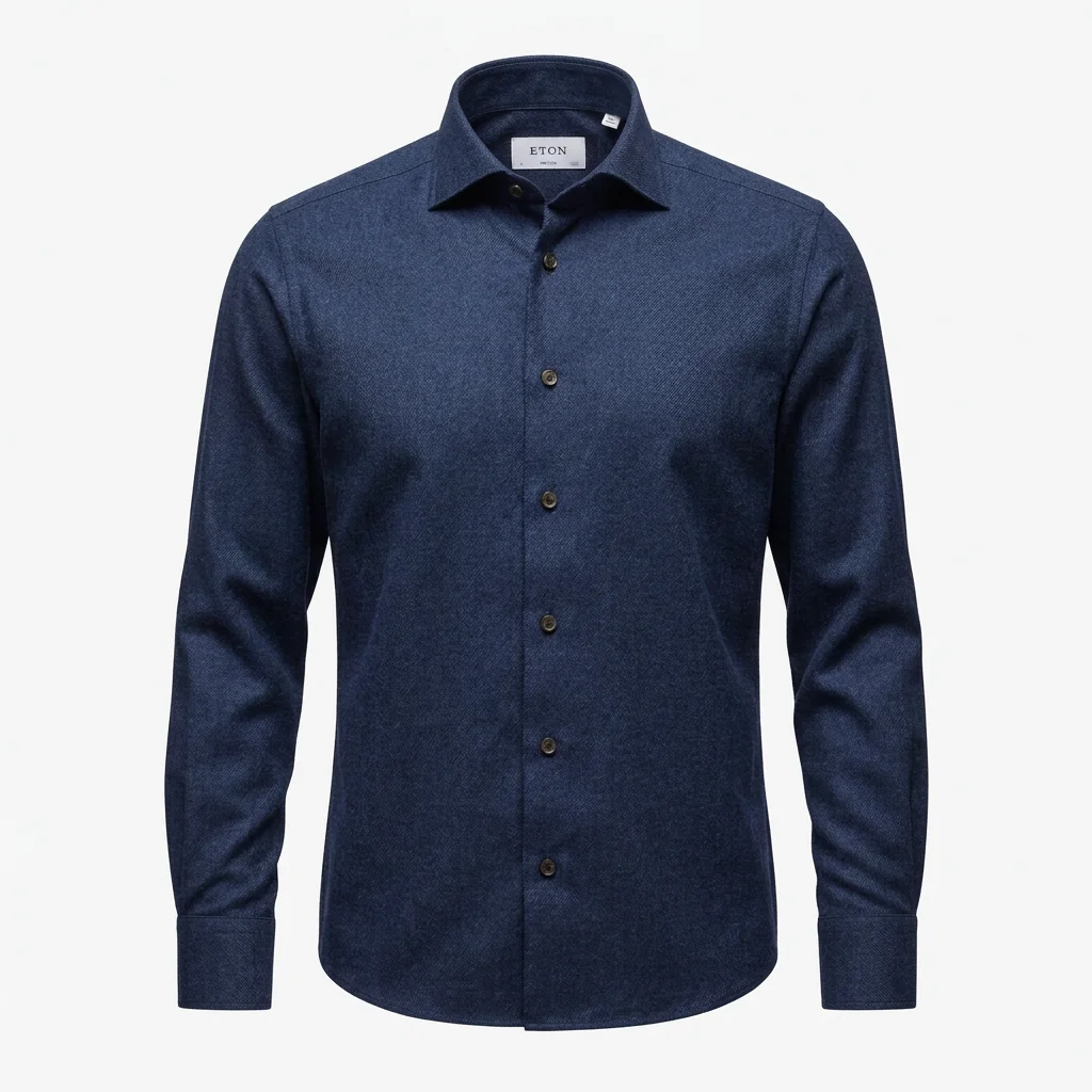 Flat View of Eton Luxury Casual Fit Solid Flannel Shirt in Navy