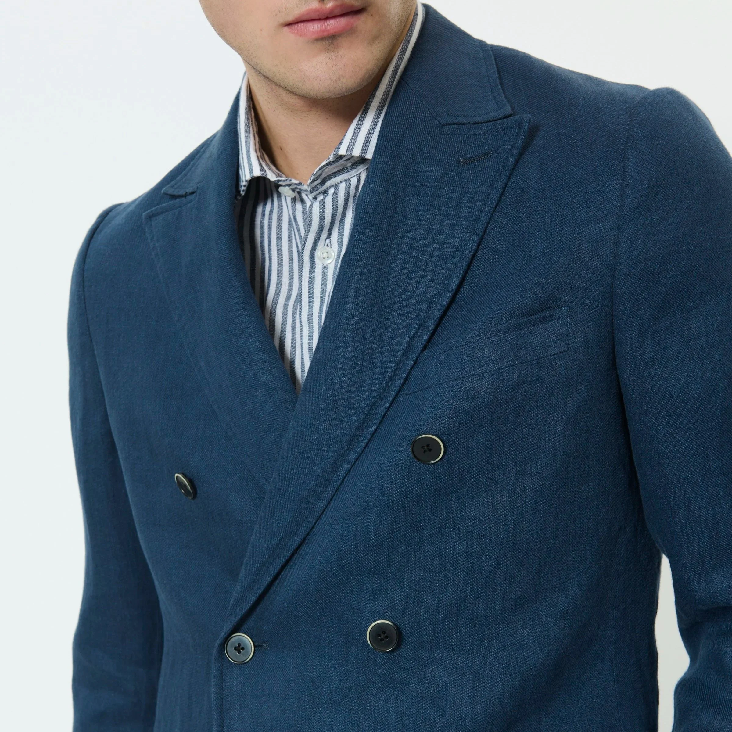Close View of Matinique Slim Fit Linen Double Breasted Blazer in Navy