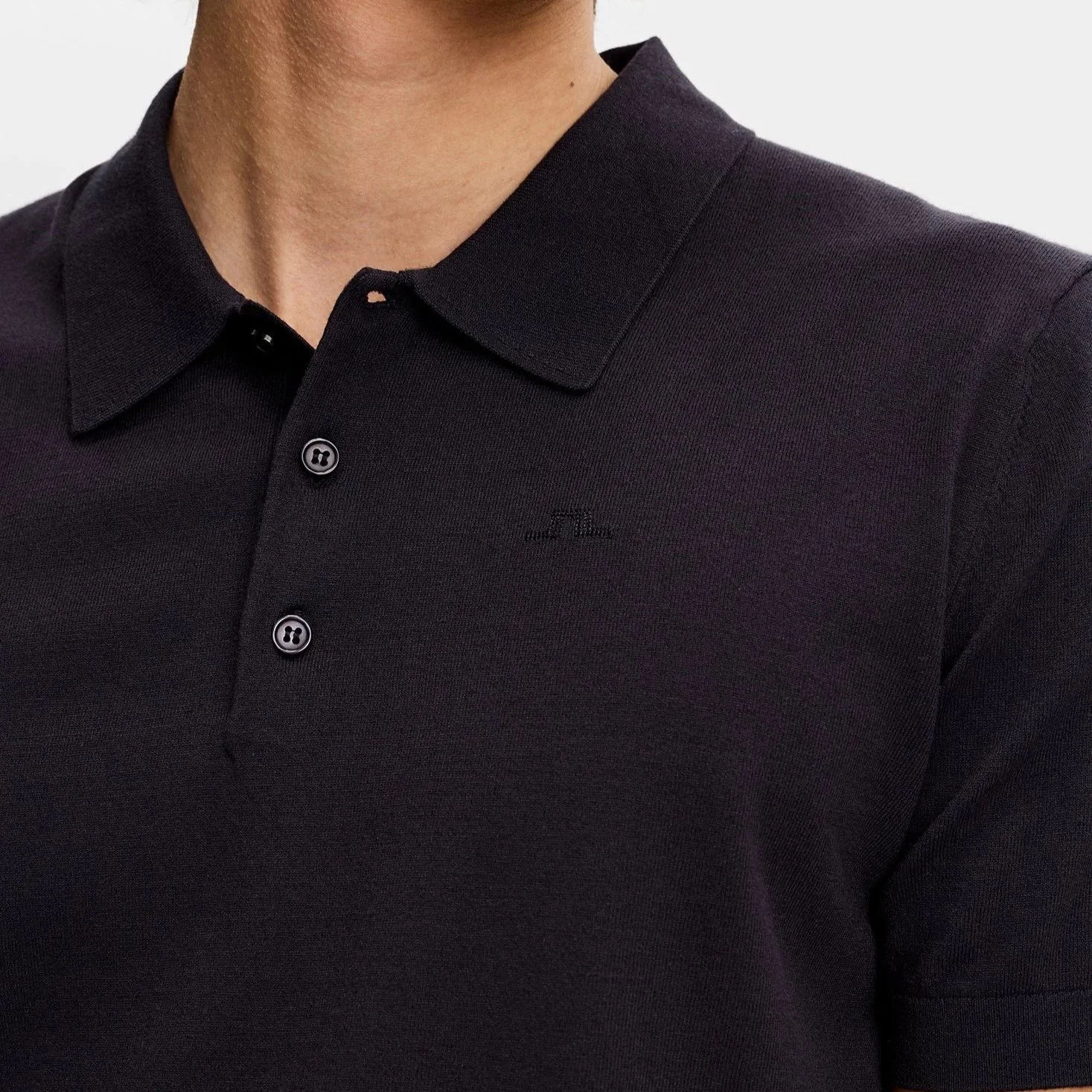 Close View of J Lindeberg Silk Mix Knitted Polo in Navy