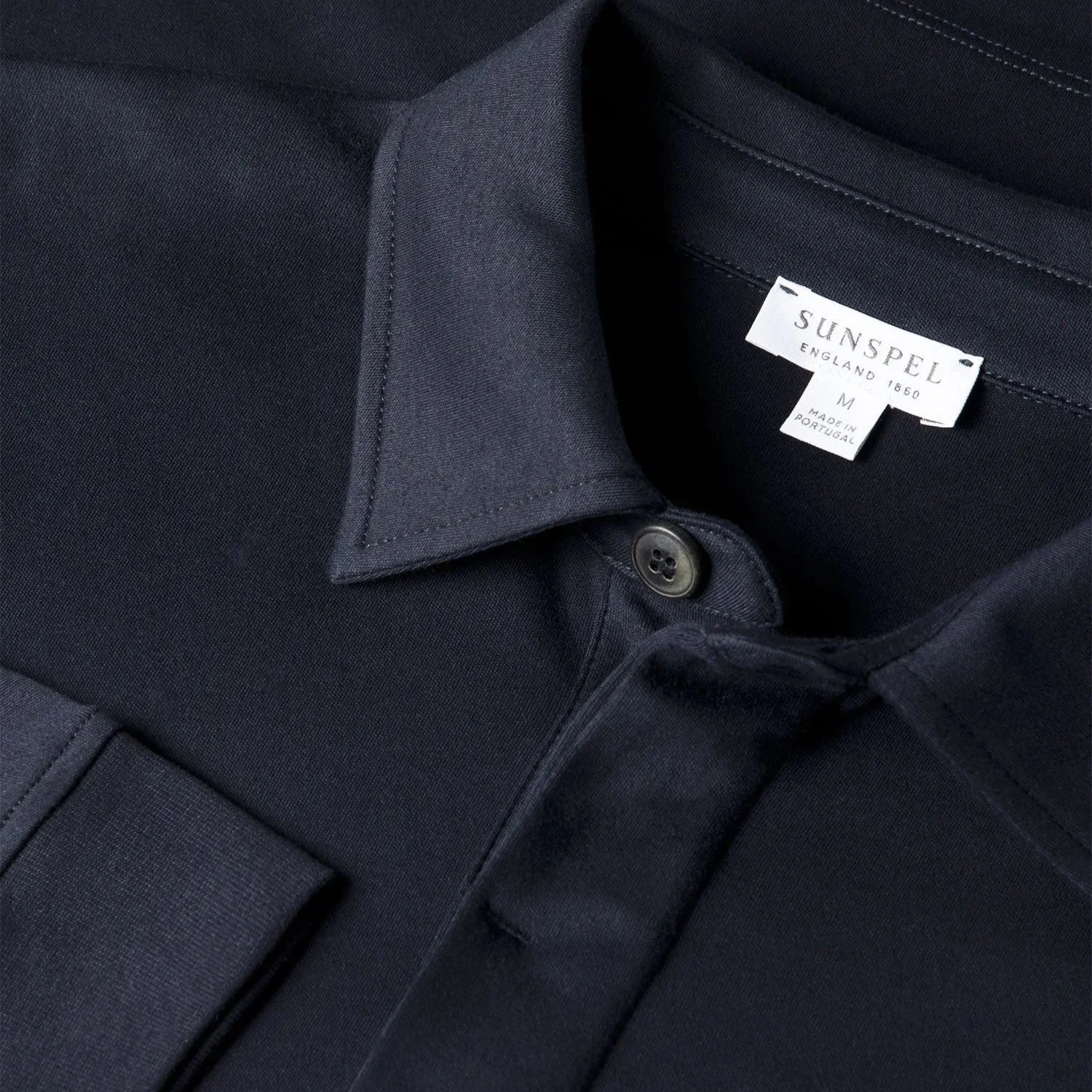 Close View of Sunspel Luxury Heavyweight Long Sleeve Rugby Polo in Midnight Navy