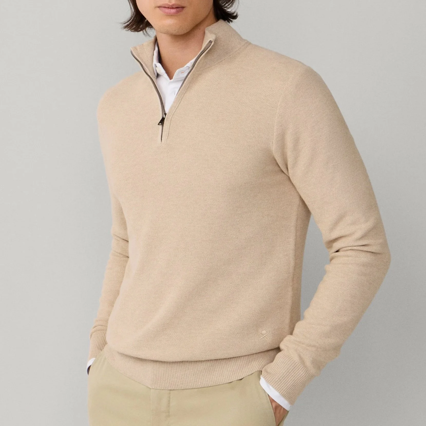 Model View of Hackett Cashmere Mix Half Zip Jumper in Sand