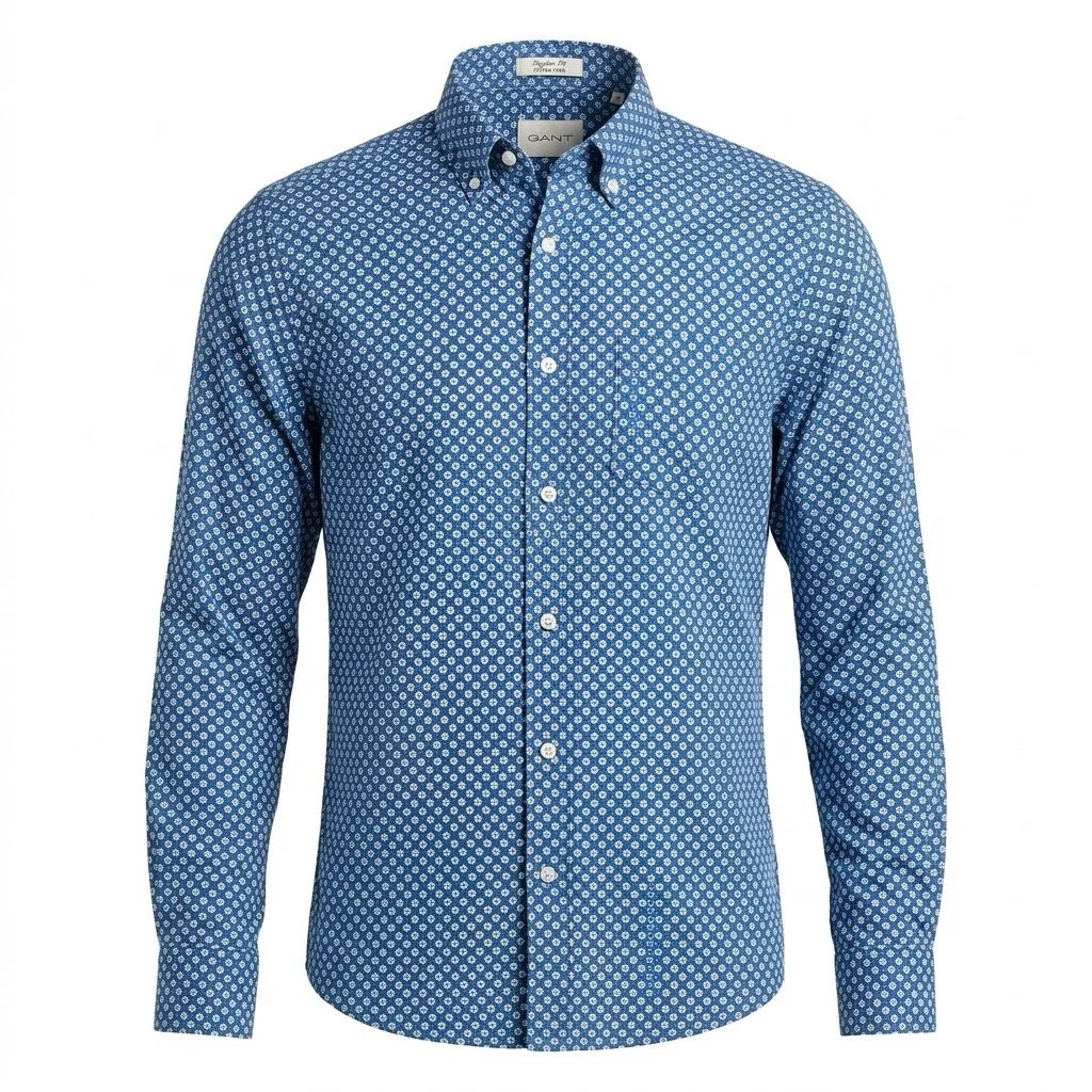 Flat View of GANT Micro Print Linen and Cotton Shirt in Blue and Cream