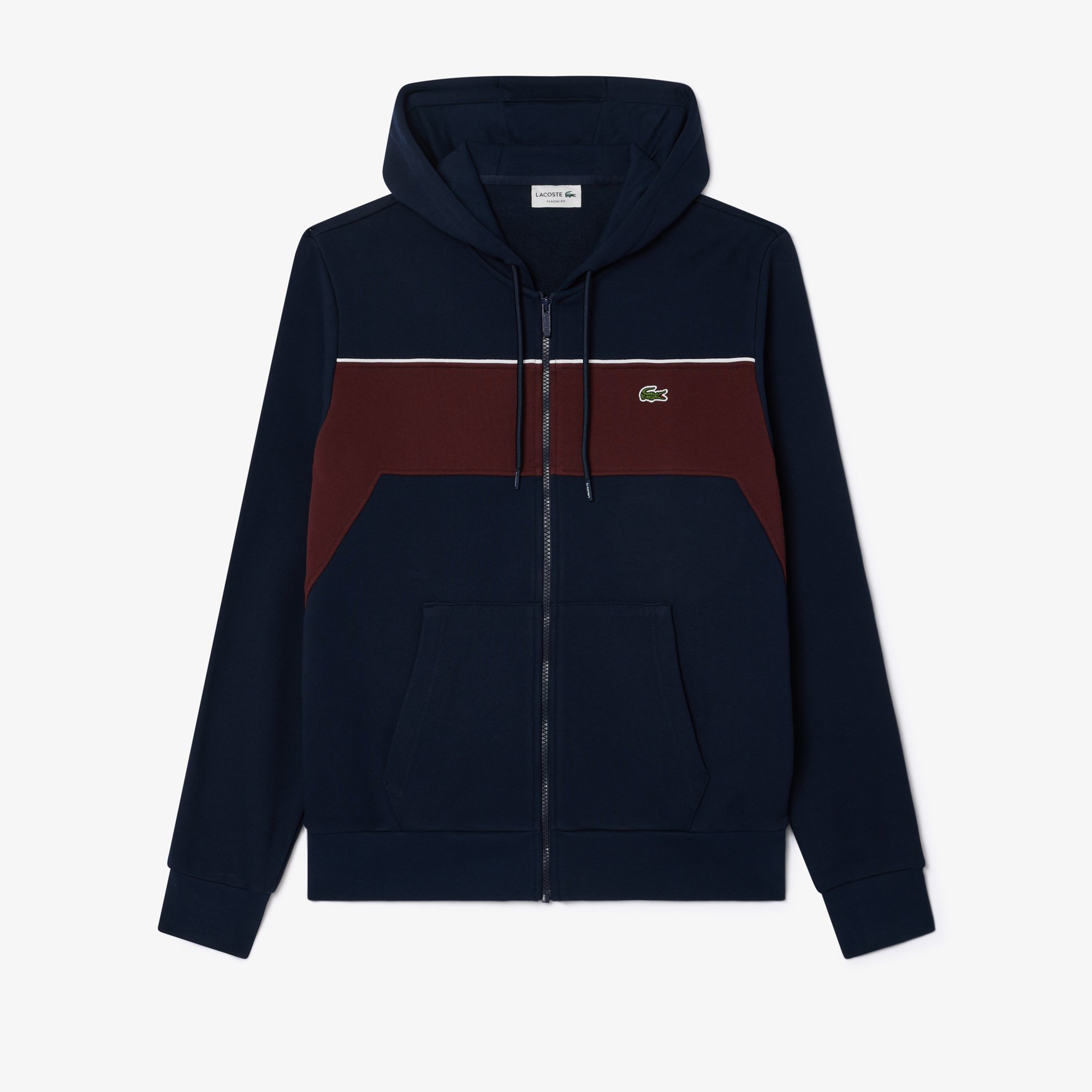 Flat View of Lacoste Colour Block Kangaroo Pocket Zip Hoodie in Navy and Burgundy