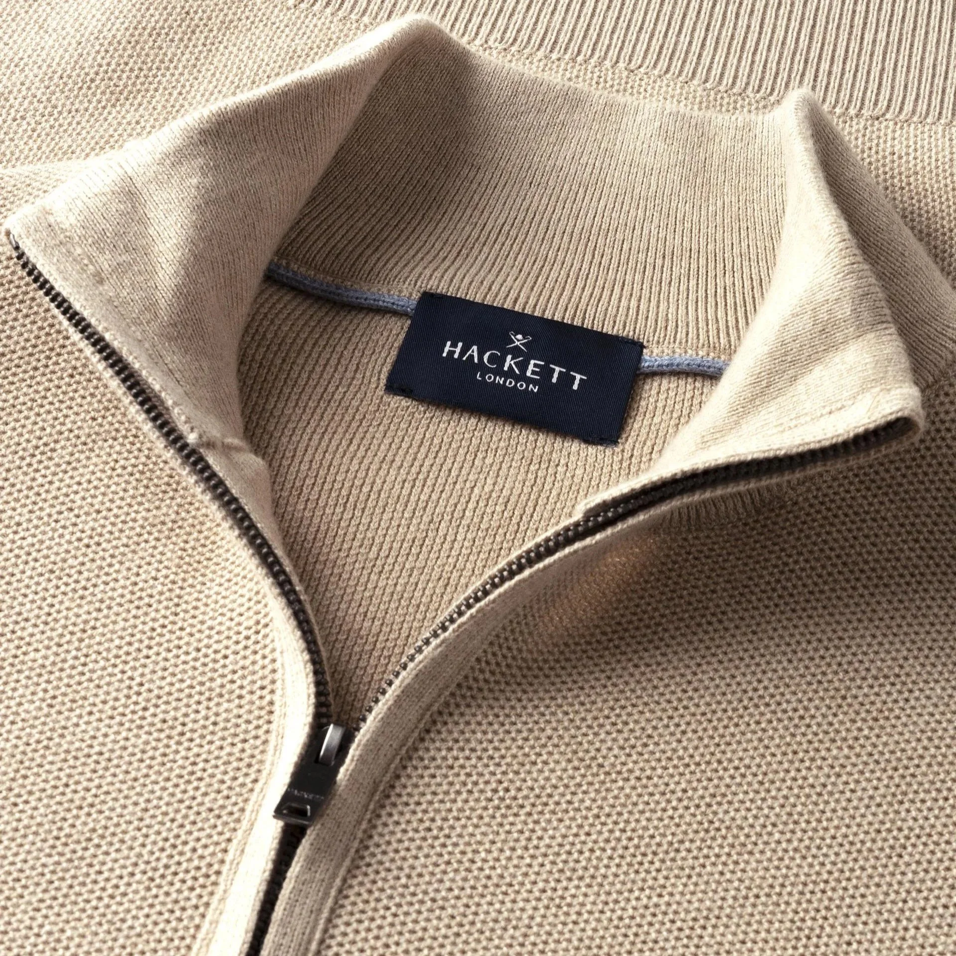 Close View of Hackett Cashmere Mix Half Zip Jumper in Sand