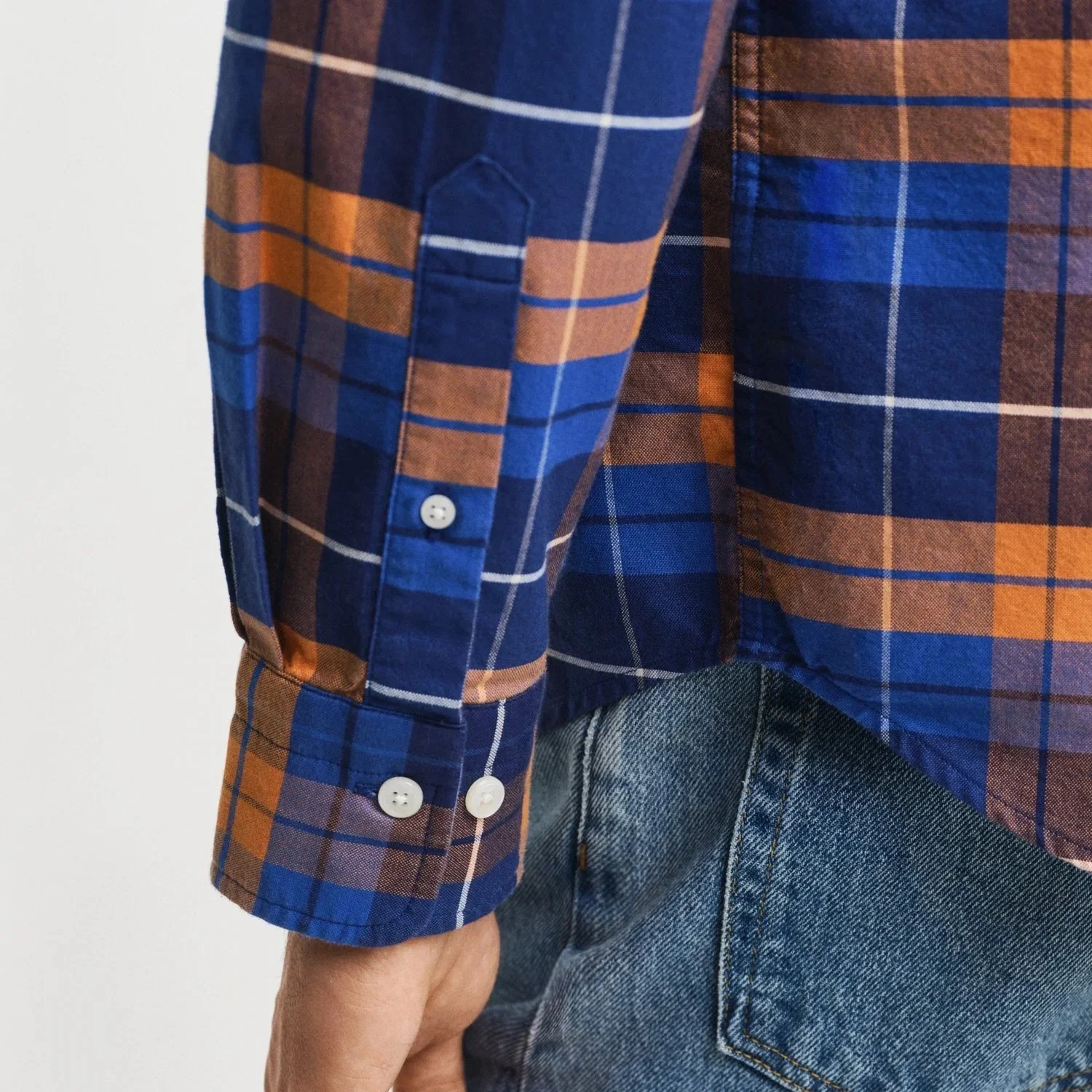 Close Model View of GANT Cotton Oxford Check Shirt in Navy and Orange