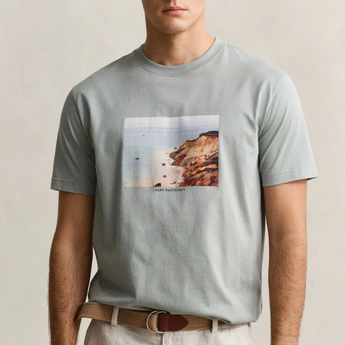 Model View of GANT Graphic T Shirt in Soft Green